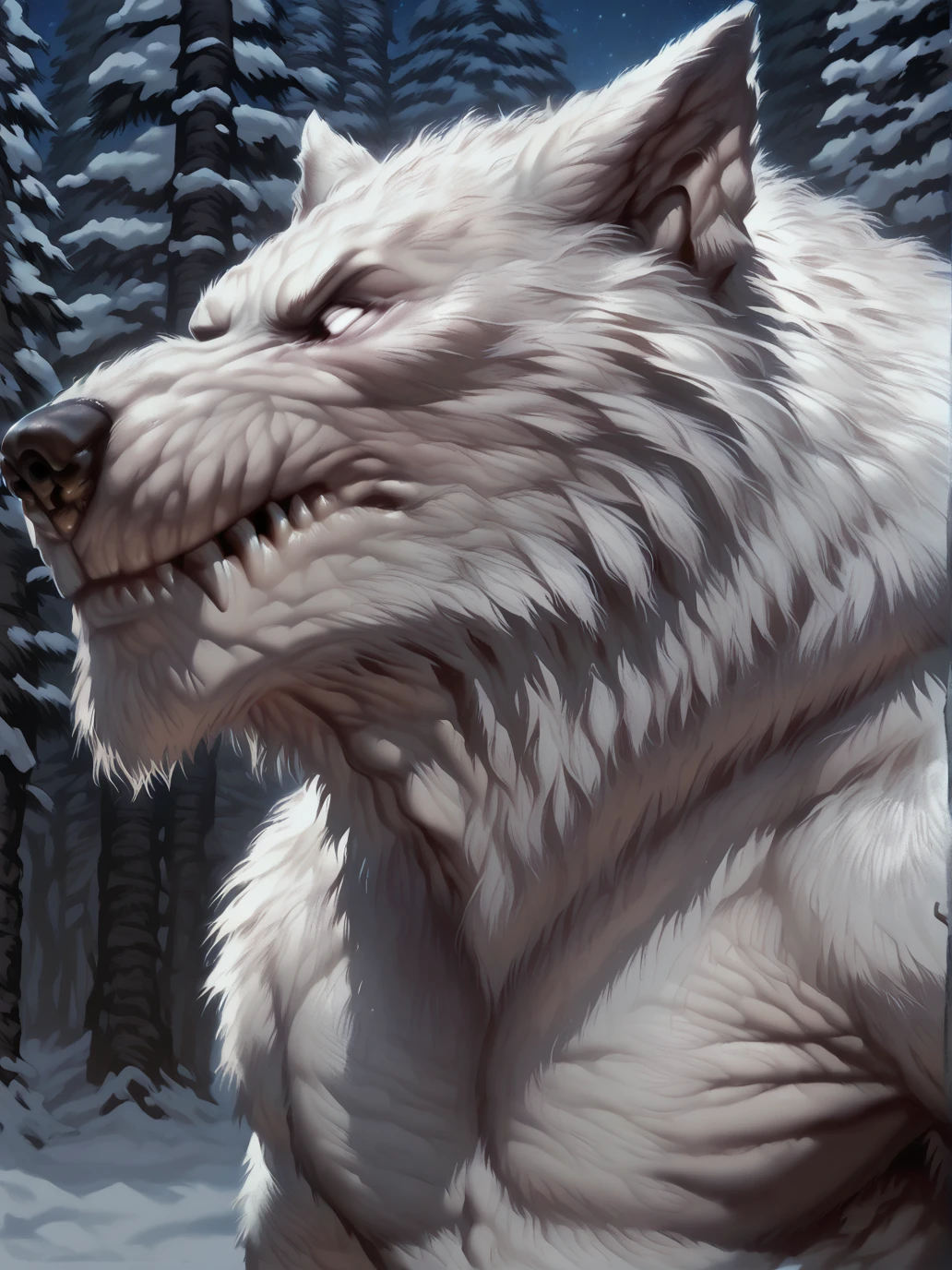 <lora:Allandox:1>, <lora:WillCorv_v2:0.8> willcorv_v2, score_9, score_8_up, score_7_up, 1boy, werewolf, no pupils, shaggy white long fur, outdoors, snow, winter forest, night, sharp teeth, white fur, white eyes, complex background, detailed background, sharp details, intricate details, detailed fur,