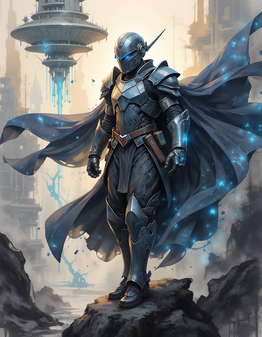 A dinkwfsn style painting, An armored techno-mage stands at the edge of an artificial abyss, their segmented, illuminated cloak swirling in the synthetic wind. Their mechanical gauntlets hum with charged energy, inscribed with forgotten algorithms of an ancient AI civilization. Below them, a fractured world of floating megastructures flickers with unstable quantum anomalies. The air vibrates with an eerie hum, filled with the remnants of lost knowledge. A dynamic three-quarter view emphasizes the mystic warriorâs imposing stance, with contrasting warm and cold neon tones casting deep cinematic shadows., <lora:Mystic-Fusion_v10:1>