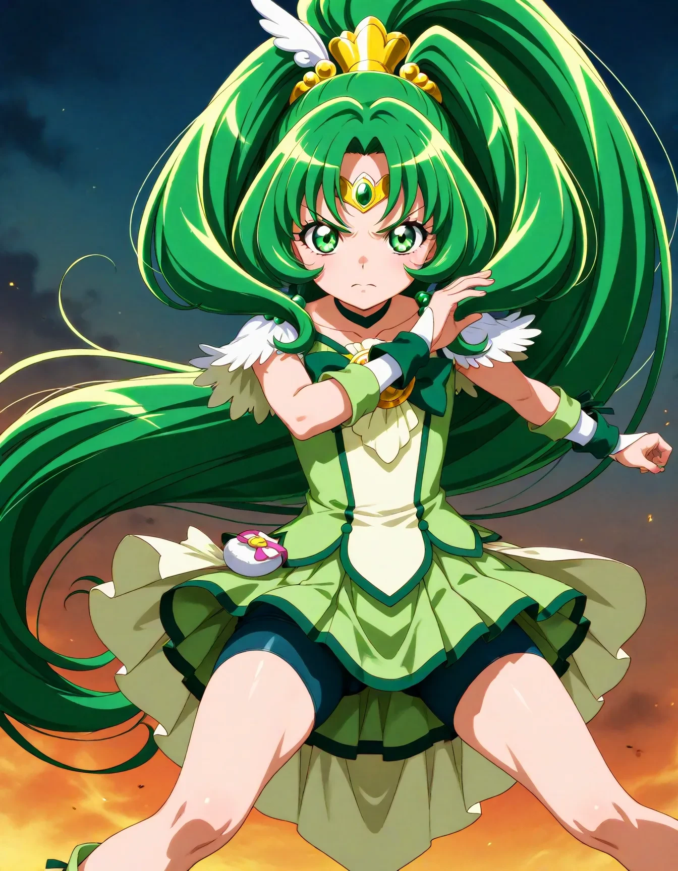 <lora:dmd2_sdxl_4step:1>,official style,masterpiece,best quality,newest,absurdres,highres,very awa,Anime,anime coloring,anime screencap,<lora:Cure_March_V1:1>,cure march,1girl,green eyes,high ponytail,tri tails,green hair,very long hair,hair ornament,wing ornament,jewerly,circlet,green choker,gold hairclip,green bow,green shorts,green skirt,bike shorts,shorts under skirt,green wrist cuffs,detached sleeves,angry,abstract_background,fighting_stance,