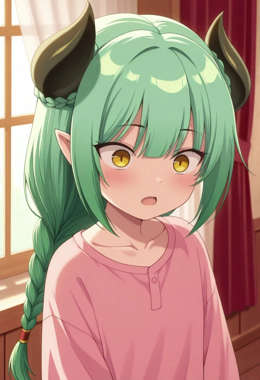 masterpiece,best quality,amazing quality, valefor, green hair, long hair, yellow eyes, braid, demon horns, 1girl, solo, horns, open mouth, collarbone, pink shirt, pointy ears, indoors, curtains, window