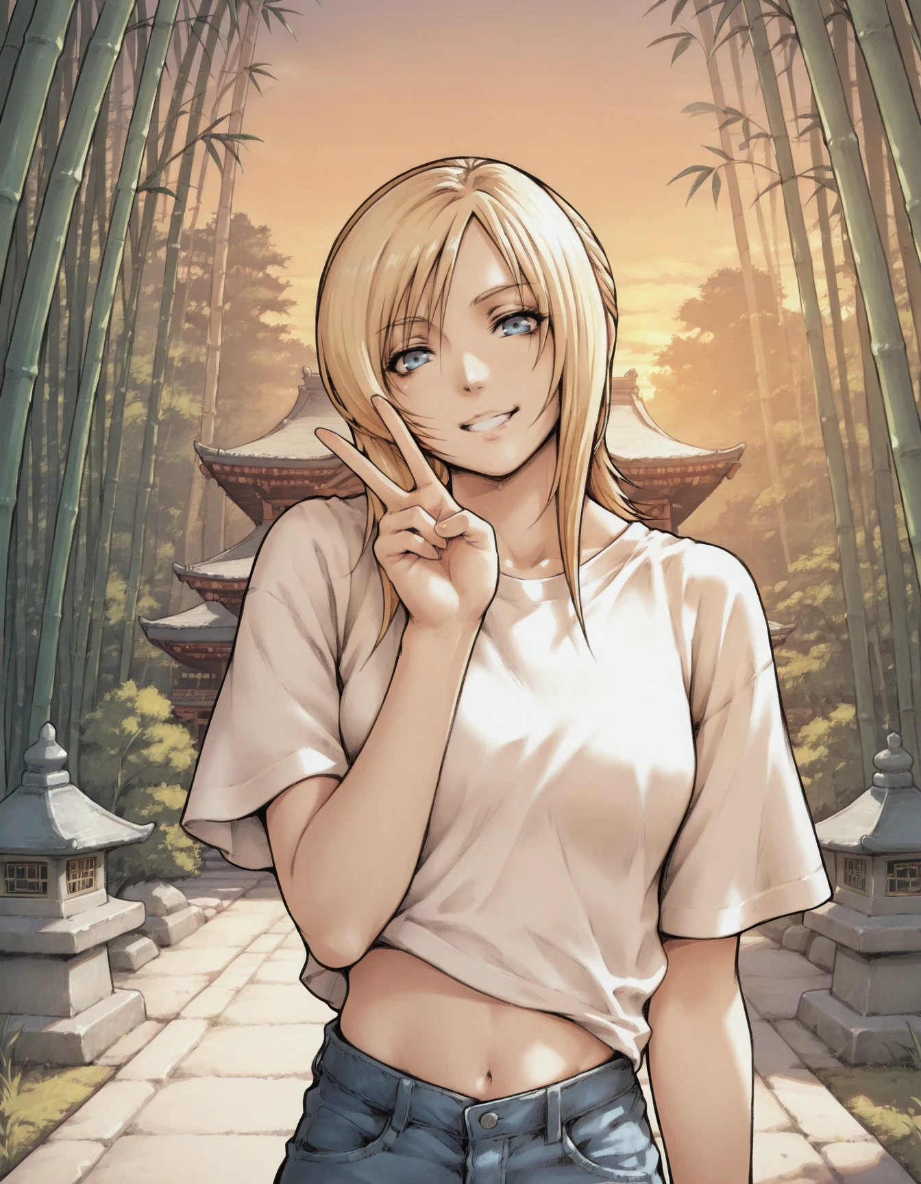 <lora:aya-brea-illustrious-000007:1> aya brea, blue eyes, blonde hair, white shirt, t-shirt, midriff, jeans, grin, v, outdoors, japanese temple, stunning scenery of oriental stone garden, pagoda, bamboo forest, dusk, upper body, masterpiece, best quality