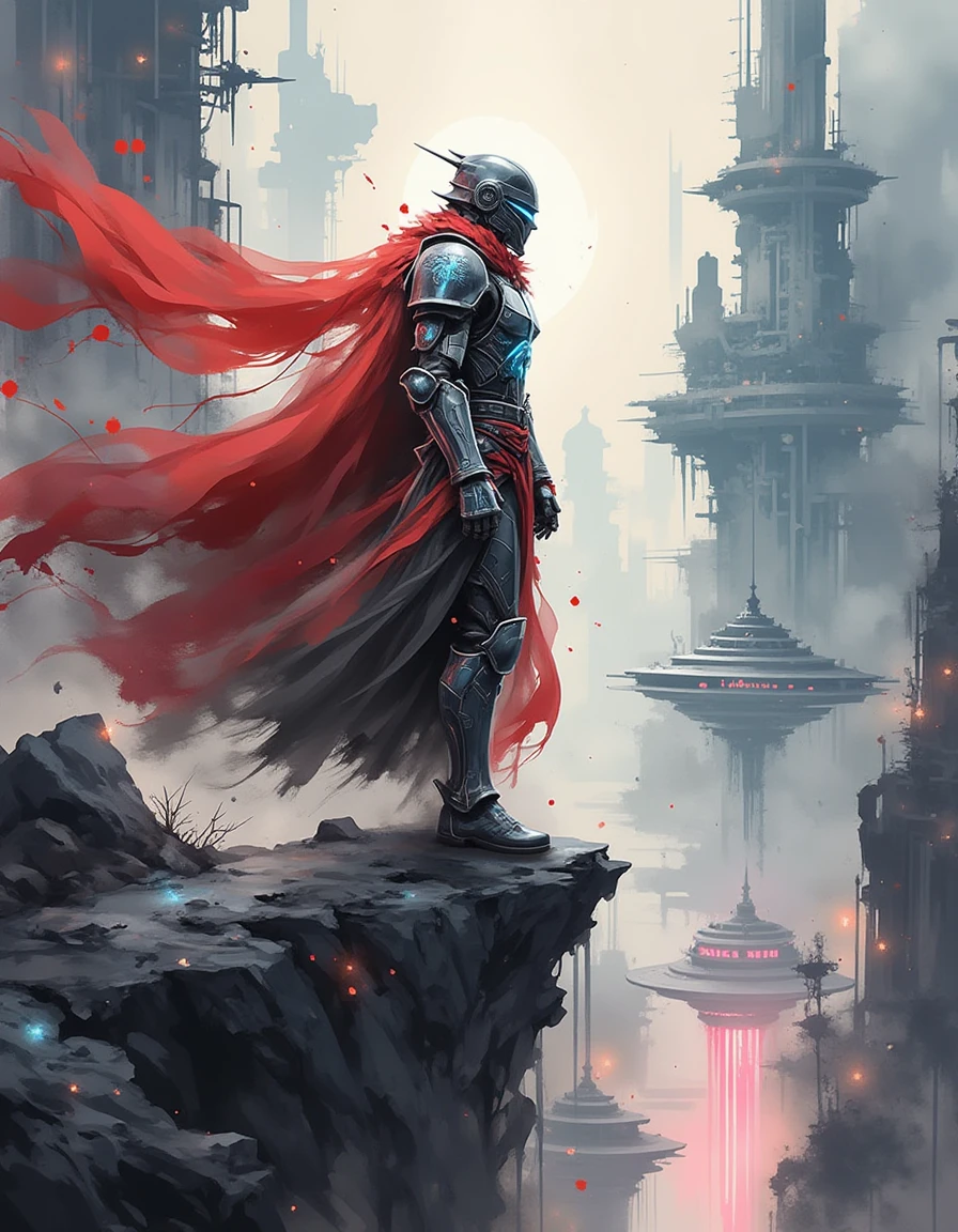 A dinkwfsn style painting, An armored techno-mage stands at the edge of an artificial abyss, their segmented, illuminated cloak swirling in the synthetic wind. Their mechanical gauntlets hum with charged energy, inscribed with forgotten algorithms of an ancient AI civilization. Below them, a fractured world of floating megastructures flickers with unstable quantum anomalies. The air vibrates with an eerie hum, filled with the remnants of lost knowledge. A dynamic three-quarter view emphasizes the mystic warriorâs imposing stance, with contrasting warm and cold neon tones casting deep cinematic shadows., <lora:Mystic-Fusion_v10:1>