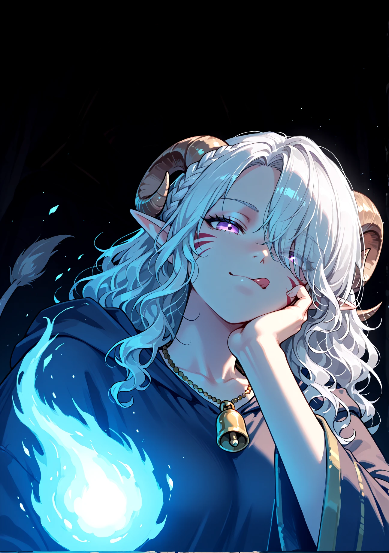 <lora:hitodama_PDXL:1> hitodama, dimmed, shadow, dark forest, <lora:DarkerThanBlackIllustrious:0.3> close up:1.4, portrait, light smile, dark, from below, tongue out, masterpiece, tiefling, tail, anime, pointy ears, tiefling, silver hair, ivory sheep horn, head tilt, hand under chin,
<lora:whisker_markings:0.8>red whisker_markings:1.7, silver long wavy hair, bell necklace, short pointy ears, purple eyes, tiefling_bard_diana:1.2, hair over one eye, braid, <lora:Tiefling_bard_Diana_ILXL:1> cloak,
cow tail:1.4,