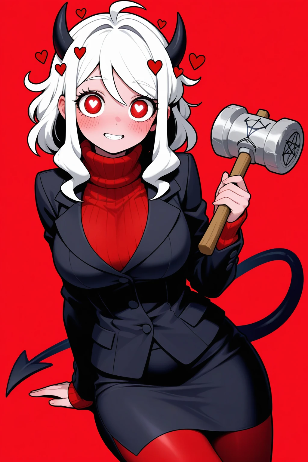 masterpiece, best quality, amazing quality, very aesthetic, absurdres, ultra detailed, modeus \(helltaker\), 1girl, ahoge, arm support, black horns, black jacket, black skirt, black tail, blush, boots, breasts, demon girl, demon horns, demon tail, hair intakes, hammer, holding, holding hammer, horns, jacket, knee boots, large breasts, looking at viewer, medium breasts, medium hair, pantyhose, pencil skirt, red background, red eyes, red pantyhose, red sweater, short hair, sigil, simple background, skirt, solo, sweater, tail, teeth, upper body, white hair