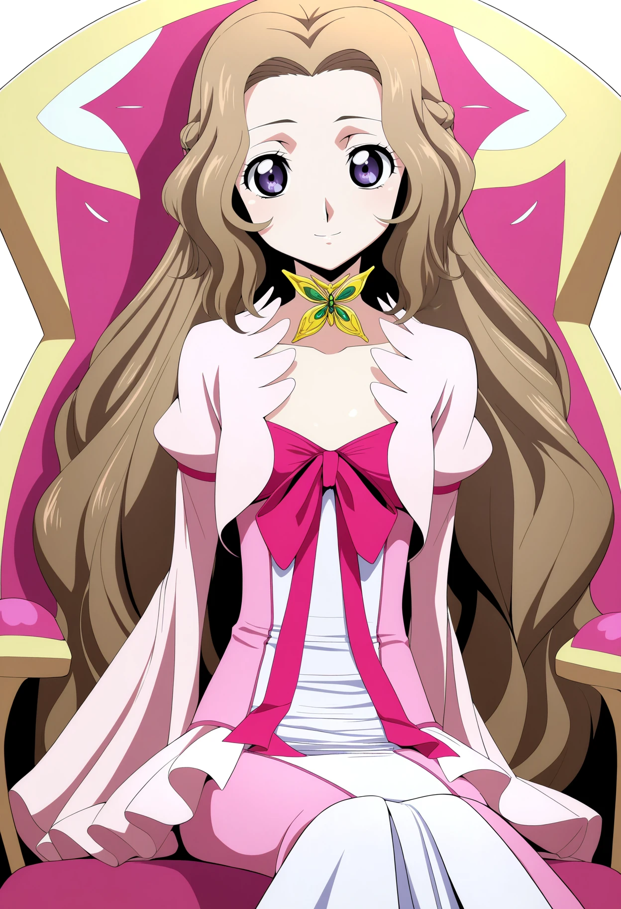 masterpiece, best quality, very aesthetic, absurdres,
1girl, nunnally, long hair, brown hair, purple eyes,
dress,
sitting, chair,
smile, solo, looking at viewer, simple background, white background, <lora:NunnallyViBritanniaNoobXL_byKonan:1>