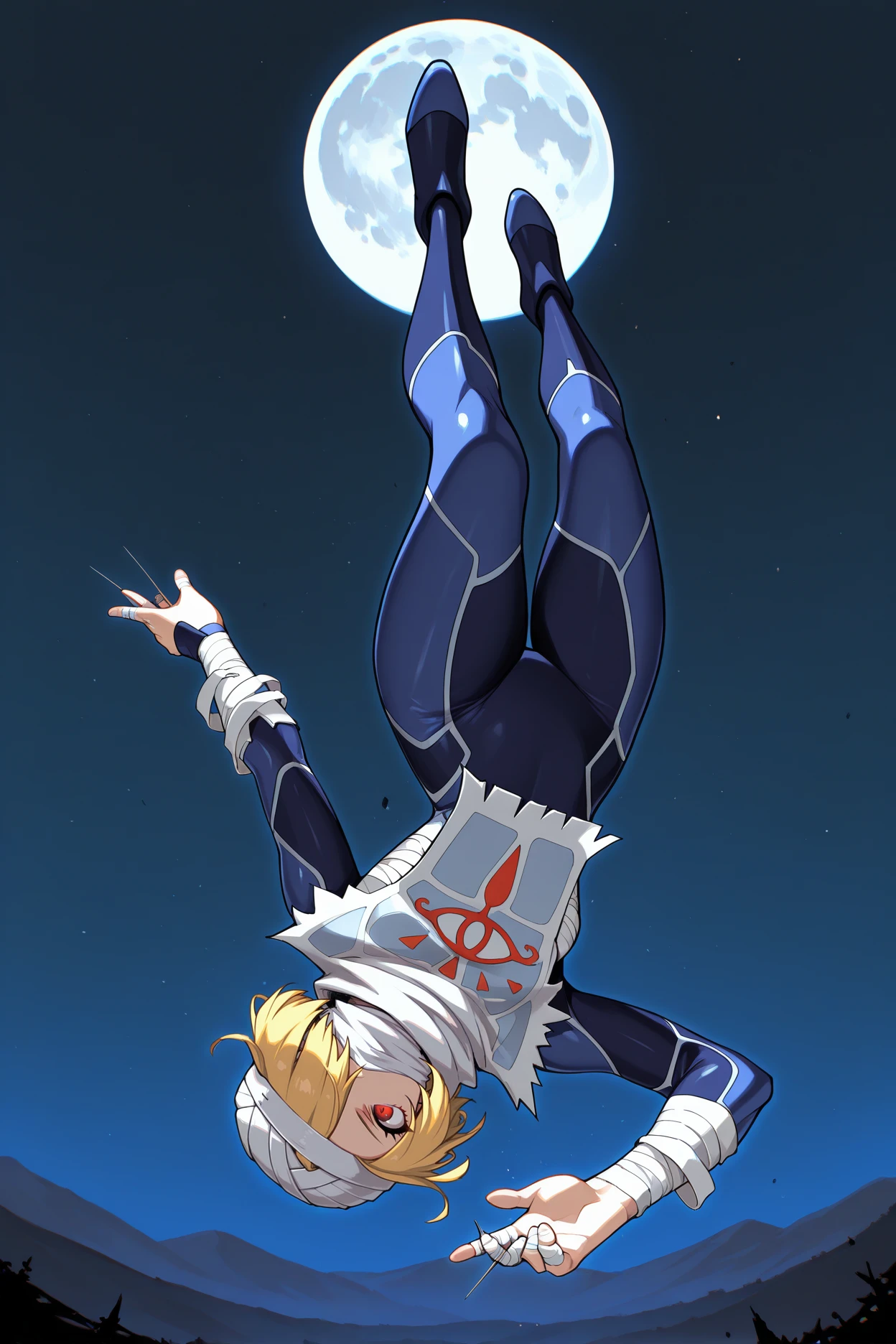 masterpiece, best quality, 1girl, solo, <lora:sheik-illu-nvwls-v1-000006:1> ootshk, blonde hair, hair over one eye, red eyes, turban, bandages, bandaged arms, tabard, dark blue bodysuit, backflip, upside down, wide shot, night sky, moon, holding needles, white mask, mouth mask, serious, falling, foreshortening, dynamic pose