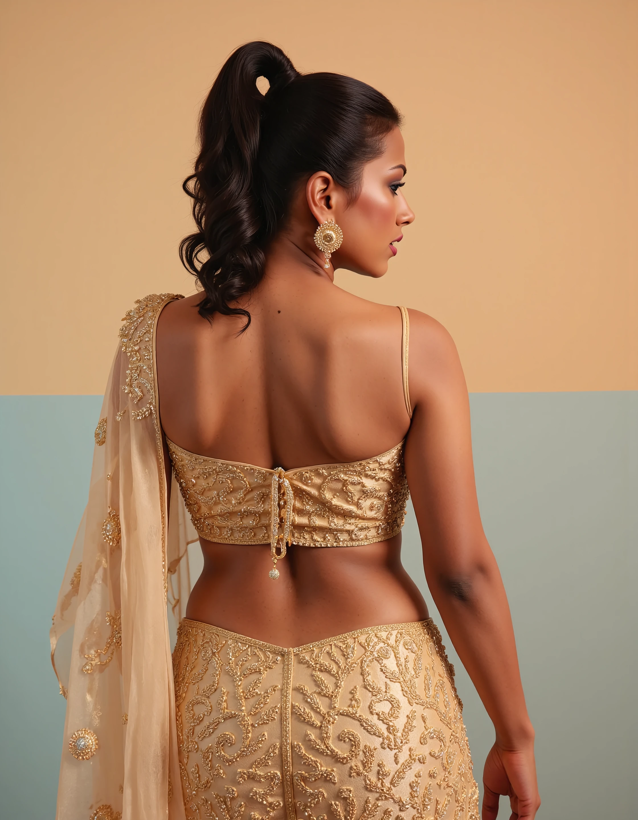 from behind,looking back photo of Shraddha Srinath woman, thin waist with hourglass figure, hyper realistic candid photo, mouth open in surprise,studio quality, wearing intricate conservative sleeveless Gold Lehenga Choli, high ponytail, pastel shaded multicolored background, cinematic lighting,   <lora:Shraddha_Srinath_Flux_Kohya_V1:1>âââ
