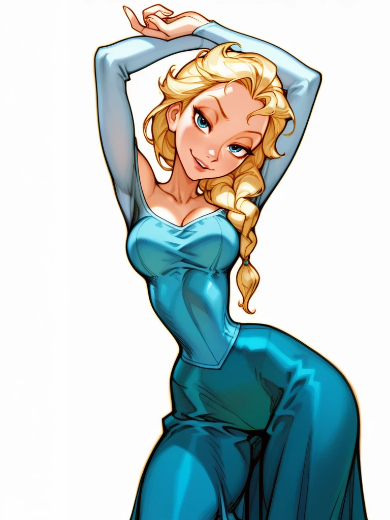 NishimuraXL,, white background, (sketch:1.1), narrow waist, wide hips, thick thighs,
1girl, medium breasts, narrow waist, wide hips, (ElsaXL:1.1), blonde hair, blue eyes, single braid, hair over shoulder, blue dress, bare shoulders, long sleeves, long skirt,
naughty face, dutch angle, naughty pose, looking at viewer, dynamic pose, cowboy shot, head tilt, from above, dutch angle, arms up,
<lora:ElsaXL_Character:0.7> <lora:AKinuNishimura_Style-12:1.1>