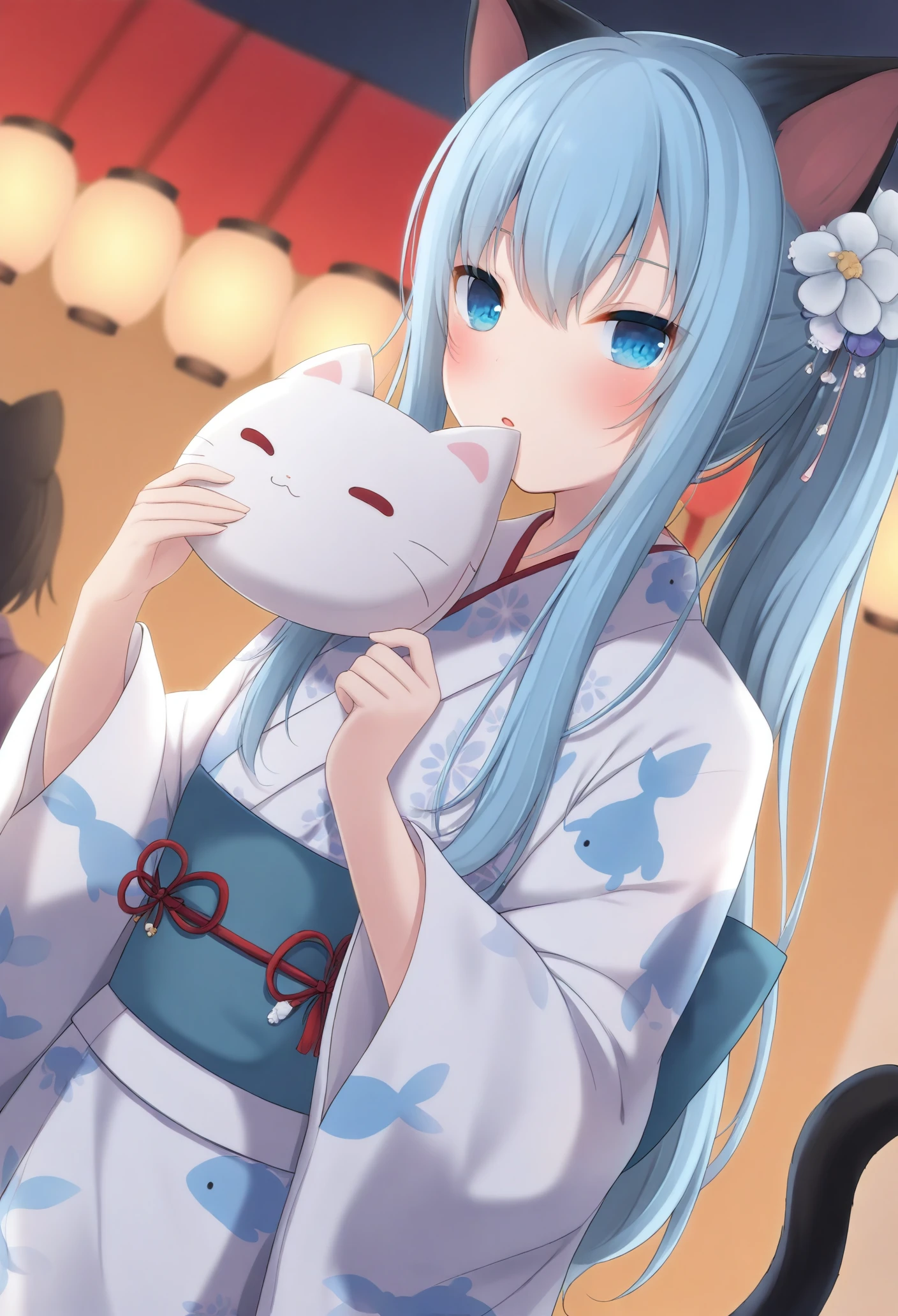 1girl in、Cat's ears、kimono、lightblue hair、Longhaire、light blue  eyes、Cat tail