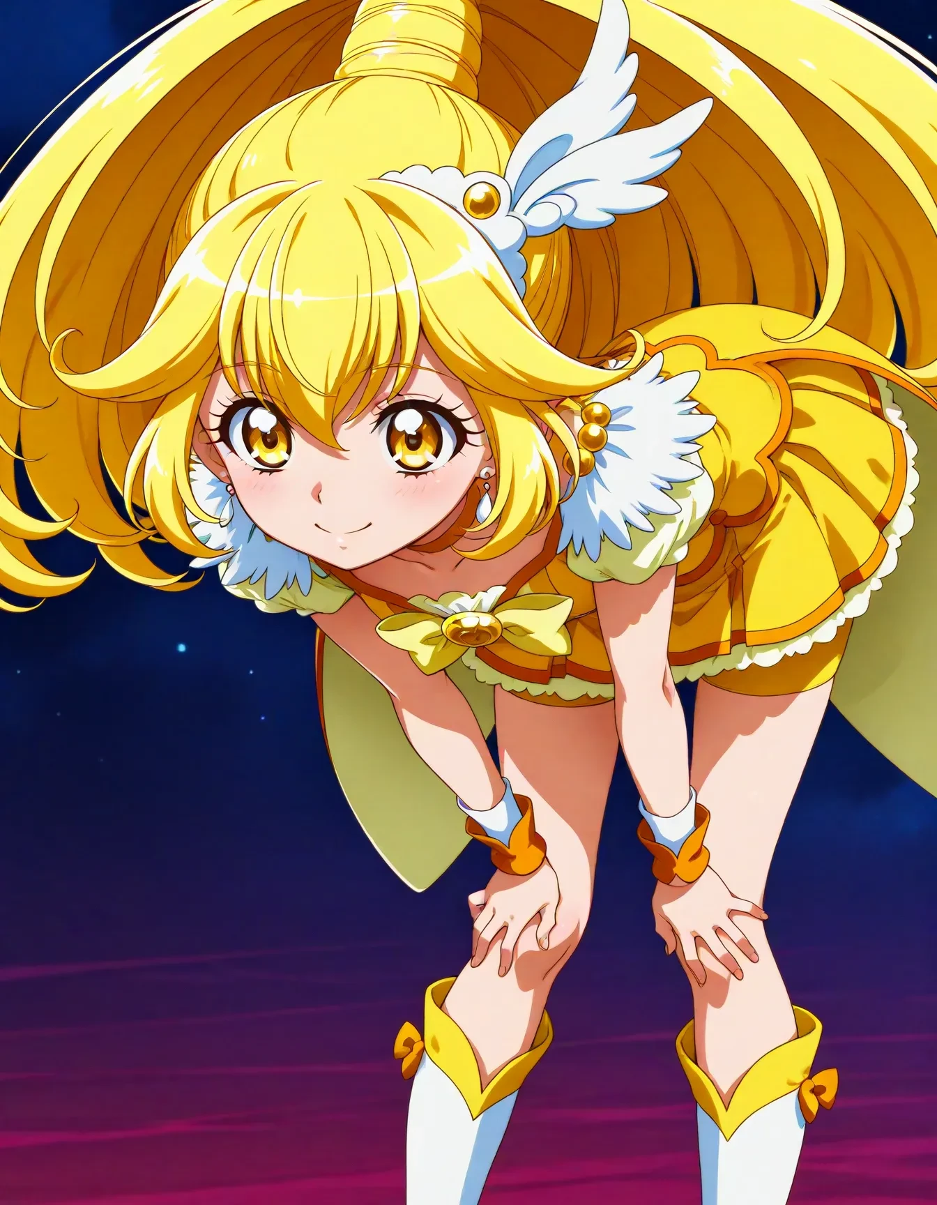 <lora:dmd2_sdxl_4step:1>,official style,masterpiece,best quality,newest,absurdres,highres,very awa,Anime,anime coloring,anime screencap,<lora:Cure_Peace_V1:1>,cure peace,1girl,yellow eyes,wide ponytail,hair flaps,hair between eyes,yellow hair,hair ornament,wing ornament,tiara,yellow choker,feather earrings,yellow bow,yellow shorts,yellow skirt,bike shorts,shorts under skirt,orange wrist cuffs,knee boots,depth_of_field,abstract_background,smile,bent_over,