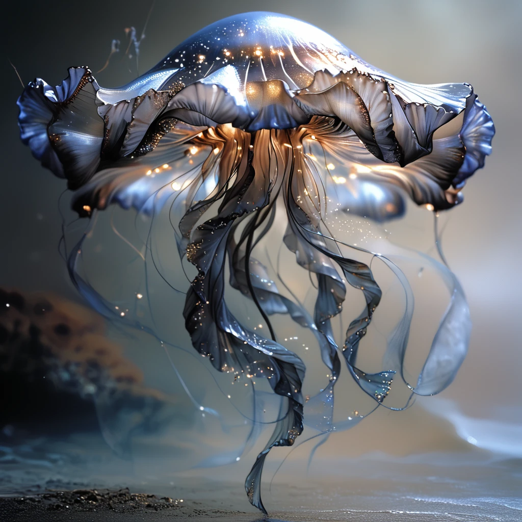 Score_9, score_8_up, score_7_up, score_6_up, BREAK <lora:Ethereal_Gothic_ElegancePony:1> Ethereal Gothic Elegance, The image is a close-up of a jellyfish floating in the ocean. The jellyfish has a long slender body with a round head and a long tail. Its body is covered in small translucent tentacles that are spread out in a star-like pattern. The tentacles are a pale blue color and appear to be floating in a dark foggy background. The overall mood of the image is mysterious and ethereal., jellyfish, no humans, solo, simple background, full body, glowing, light particles