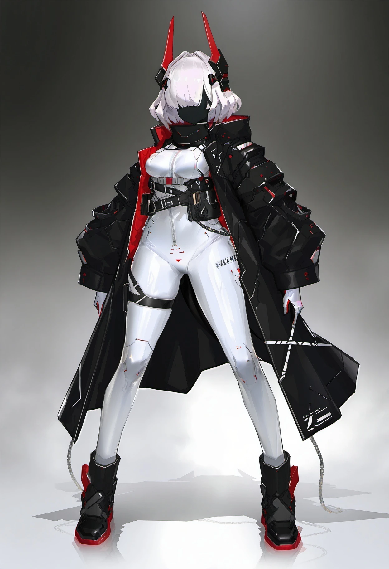 masterpiece, best quality, <lora:echanis_enicha_style_ill_v3:1> styleechanisenicha, 1girl, solo, breasts, short hair, long sleeves, hair ornament, medium breasts, standing, jacket, full body, white hair, boots, open clothes, medium hair, belt, coat, black jacket, thigh strap, mask, bodysuit, chain, headgear, multicolored clothes, black coat, zipper, open coat, white bodysuit