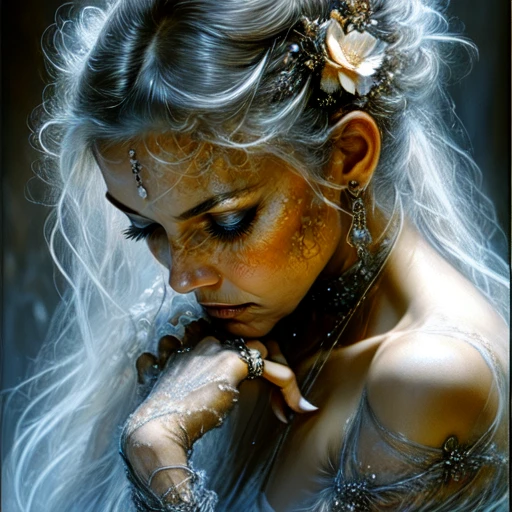 <lora:Ethereal_Gothic_EleganceSD1:1> Ethereal Gothic Elegance, The image is a close-up portrait of a woman's face and upper body. She appears to be in a contemplative pose with her eyes closed and her head tilted downwards. Her hair is styled in a dramatic and voluminous manner with loose curls cascading down her back. She is wearing a feathered headpiece with a flower in the center which is made up of multiple layers of feathers and beads. The feathers are a mix of white gray and blue creating a dreamy and ethereal atmosphere. The woman's skin is pale and her face is painted with a soft dreamy expression. The background is dark making the woman's features stand out even more. The overall mood of the image is mysterious and eternally melancholic., 1girl, solo, ring, flower, hair ornament, jewelry, white hair, closed eyes, hair flower, realistic