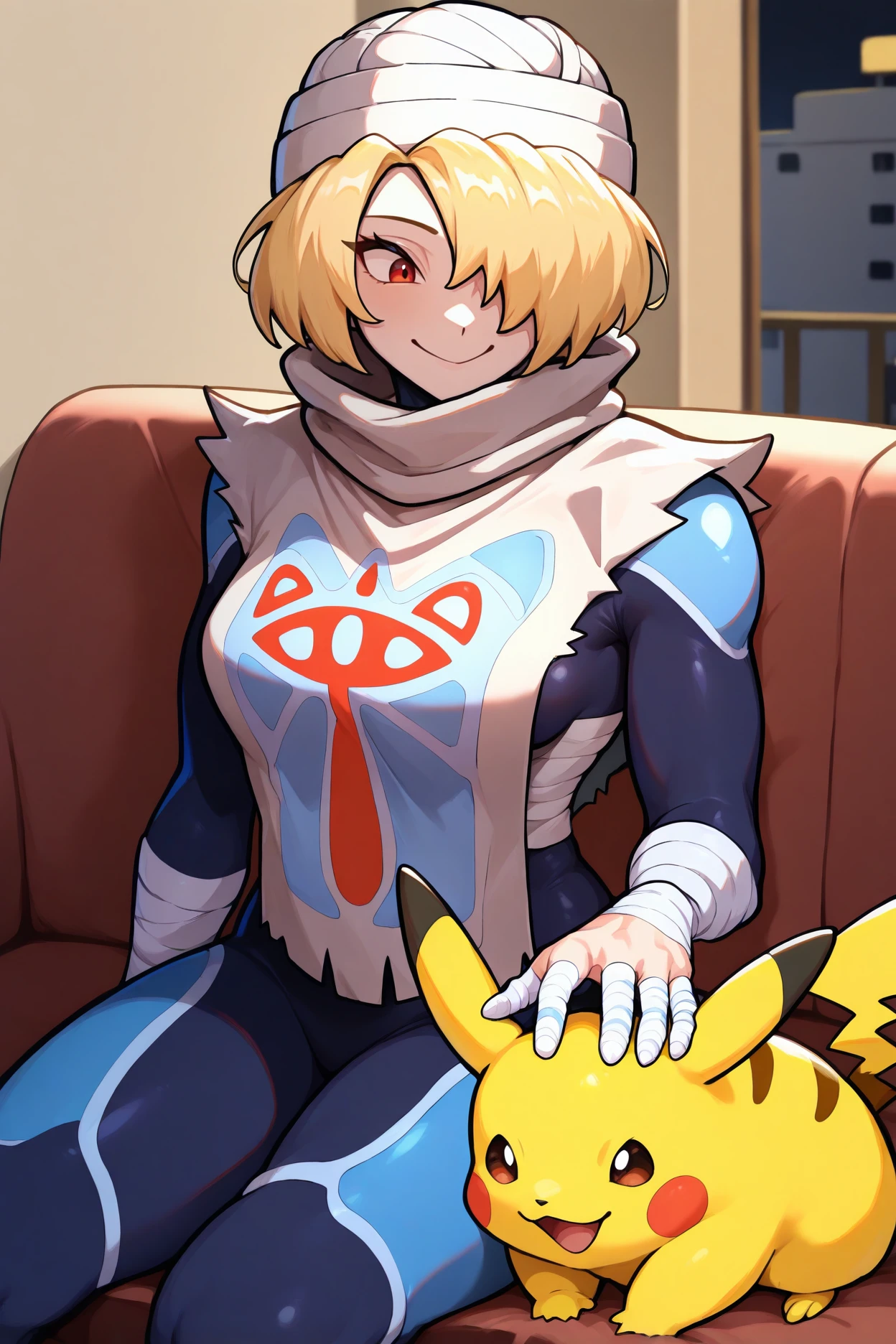 masterpiece, best quality, 1girl, <lora:sheik-illu-nvwls-v1-000006:1> ootshk, blonde hair, hair over one eye, red eyes, happy, turban, bandages, bandaged arms, tabard, dark blue bodysuit, medium breasts, sitting, couch, petting pikachu, pokemon \(creature\), looking at another, smile, apartment