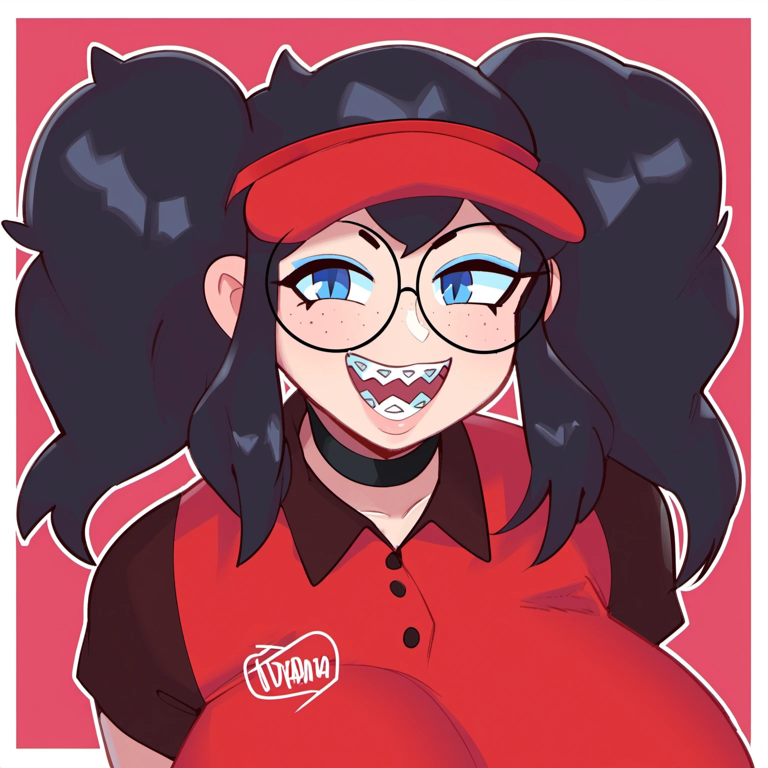 t1ps woman, twintails, glasses,  blue eyes, t1ps teeth, pt shirt, braces, close up, pt visor  <lora:tips_r128_02_resized:1>