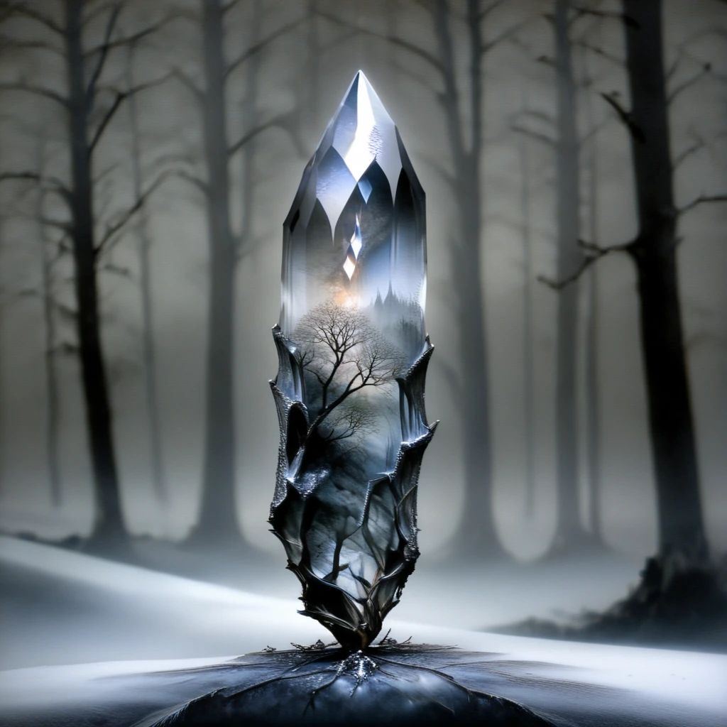 <lora:Ethereal_Gothic_EleganceSDXL:1> Ethereal Gothic Elegance, The image is a digital art piece that appears to be a photograph of a crystal point in the middle of a foggy forest. The crystal point is in the center of the image with a pointed tip and a smooth shiny surface. It is surrounded by a dark misty background with bare trees on either side. The trees are covered in snow and ice and the ground is covered in a layer of fog. The overall mood of the photograph is eerie and mysterious., no humans, bare tree, tree, scenery, realistic, outdoors, cloud, sky, snow, fantasy