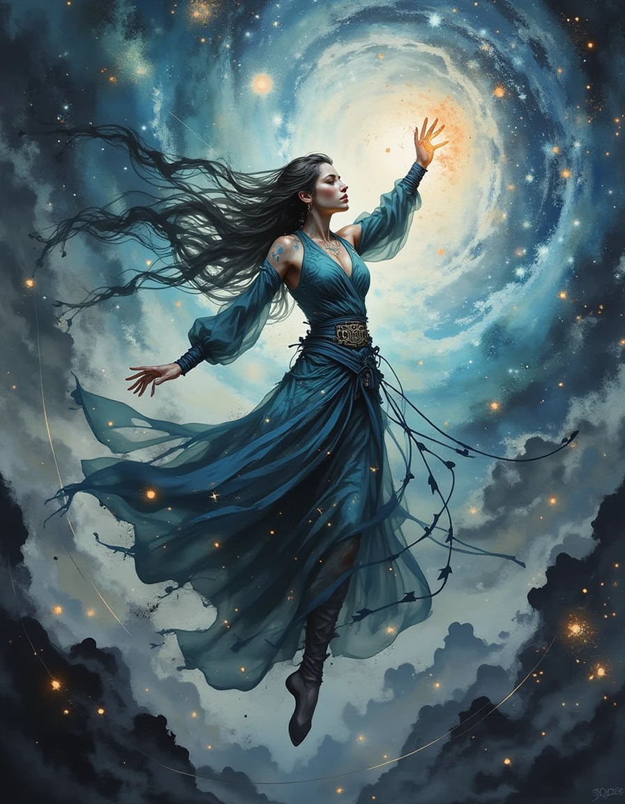 A dinkwfsn style painting, An interstellar mage, their skin etched with luminous constellations, manipulates floating sigils of light as they weave new cosmic realities. Suspended within the event horizon of a black hole, they defy time and space, their cybernetic robes flowing with impossible fluidity. The gravitational distortions create mesmerizing patterns of light and shadow, framing the mage in an awe-inspiring celestial dance. A dynamic top-down view enhances the infinite depth of the surrounding void., <lora:Mystic-Fusion_v10:1>