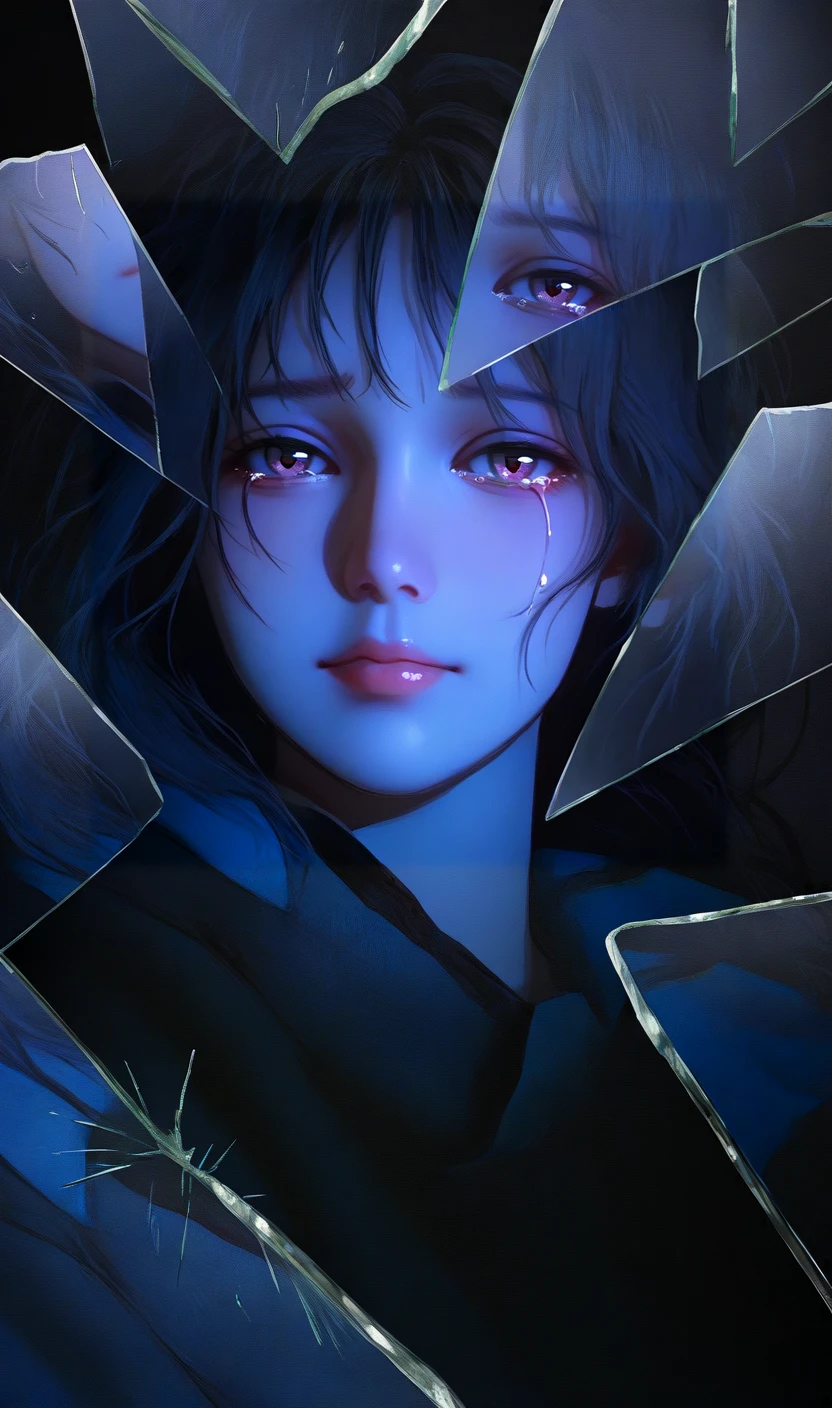 <lora:hsBrokenGlass1llust:0.8>,broken glass,glass shards,glass,reflection,looking at viewer,
masterpiece,best quality,artistic composition,aesthetic design,textured layers,soft lighting,ContemporaryStyle,creative aesthetics,textured layers,textured background,impasto,Dreamy Landscapes,beautiful_detailed_eyes,Surreal Backdrops,Cinematic Atmosphere,mystical atmosphere,mood lighting,ethereal, 1girl,solo,broken glass,glass shards,reflection,looking at viewer,long messy hair,tears,dim light,pale skin,floating glass fragments,melancholy expression,cinematic lighting,low-angle shot,dark background,rainy window,high contrast,moody atmosphere