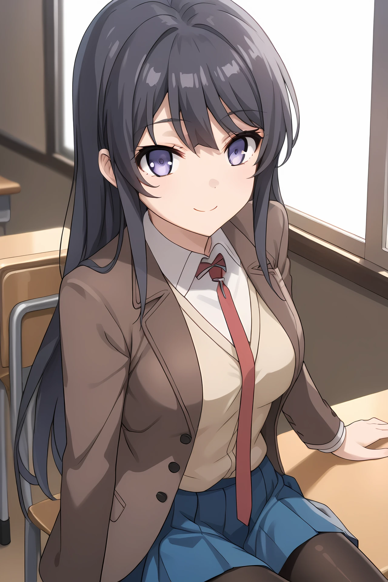 (school uniform brown blazer red necktie blue skirt black pantyhose:1.50), bgs-mai, blue eyes, purple eyes, black hair, lonh hair, bangs, medium breasts,
1girl, solo, skinny, (source_anime, score_9, score_8_up, score_8, score_7_up), score_7, score_6_up, score_6, score_5_up, score_5,
(light smile:1.40),
(indoors:1.10),
(:1.60), (:1.20),
<lora:bgs-mai-V01-000003:0.70>