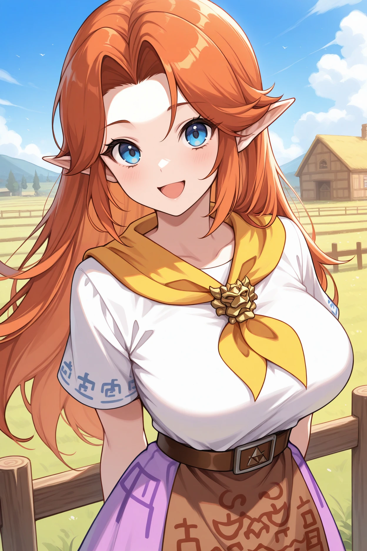masterpiece, best quality, 1girl, solo, <lora:malon-illu-nvwls-v1:1> mal0n, auburn hair, long hair, pointy ears, blue eyes, yellow neckerchief, gold brooch, white shirt, short sleeves, brown belt, long skirt, purple skirt, brown apron, large breasts, upper body, looking at viewer, smile, farm, blue sky, fence, arms behind back, open mouth