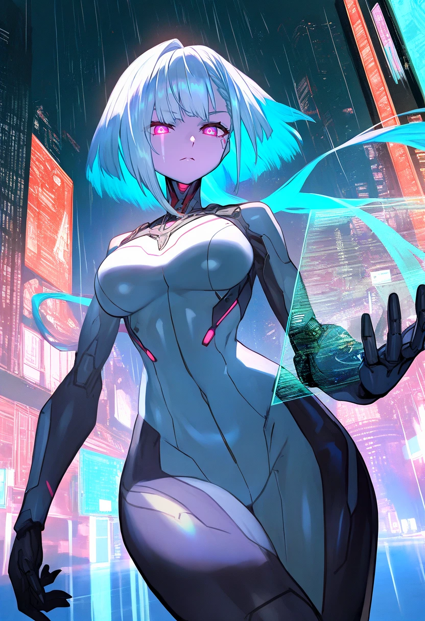 Lucia \(cyberpunk\), 1 , body, open white jacket, aboveper body,  looking at the viewer , Alone, Neon light, night, cyberpunk city background, Scoring_9, Scoring_8_above, Scoring_7_above, Scoring_6_above, source_anime  