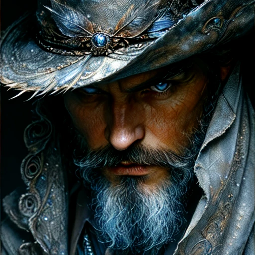 <lora:Ethereal_Gothic_EleganceSD1:1> Ethereal Gothic Elegance, The image is a close-up portrait of a man's face. The man has a beard and mustache and is wearing a hat with a feather on top. The hat is made of metal and has a blue stone in the center. The feather is intricately detailed and appears to be made of feathers. The background is dark and the man's expression is serious and intense. The overall mood of the image is dark mysterious and powerful., 1boy, solo, facial hair, beard, male focus, blue eyes, hat, portrait, looking at viewer, closed mouth
