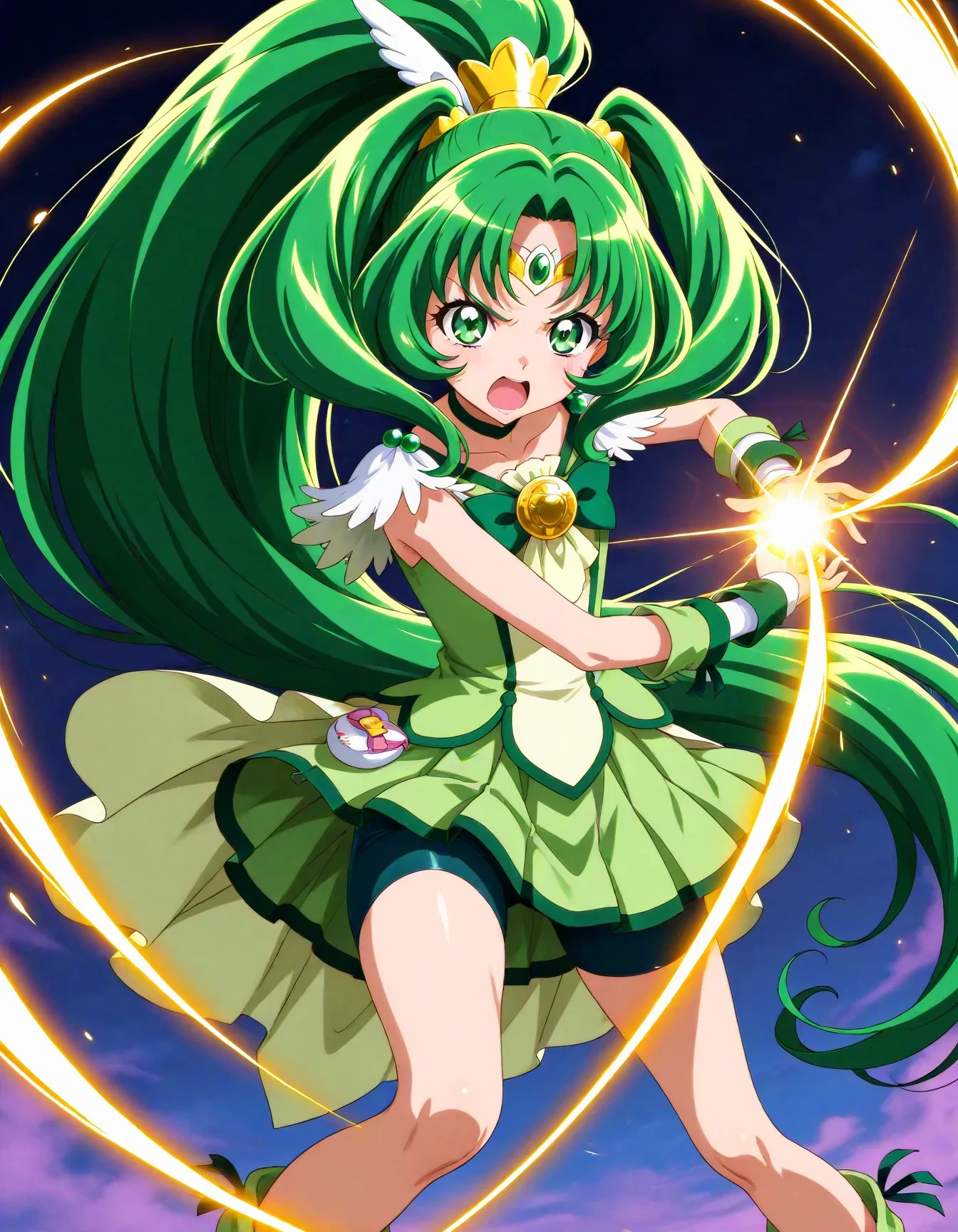 <lora:dmd2_sdxl_4step:1>,official style,masterpiece,best quality,newest,absurdres,highres,very awa,Anime,anime coloring,anime screencap,<lora:Cure_March_V1:1>,cure march,1girl,green eyes,high ponytail,tri tails,green hair,very long hair,hair ornament,wing ornament,jewerly,circlet,green choker,gold hairclip,green bow,green shorts,green skirt,bike shorts,shorts under skirt,green wrist cuffs,detached sleeves,angry,abstract_background,fighting_stance,beam from hand,open mouth,