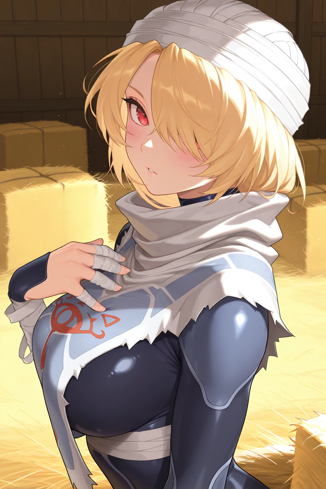 masterpiece, best quality, 1girl, solo, <lora:sheik-illu-nvwls-v1-000006:1> ootshk, blonde hair, hair over one eye, red eyes, turban, parted lips, bandages, bandaged arms, tabard, dark blue bodysuit, large breasts, blush, looking at viewer, hand on own chest, from side, hay, farm