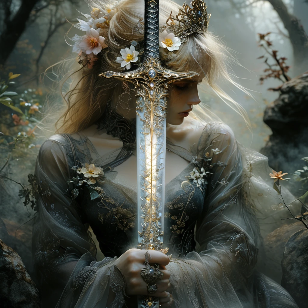 Score_9, score_8_up, score_7_up, score_6_up, BREAK <lora:Ethereal_Gothic_ElegancePony:1> Ethereal Gothic Elegance, The image is a digital art piece that appears to be a fantasy or mystical scene. It features a woman with long blonde hair wearing a crown of flowers on her head holding a large sword with intricate designs on it. The sword is in the center of the image with the woman's face partially obscured by the sword. The background is dark and foggy with trees and rocks visible in the distance. The woman's expression is one of strength and power as if she is ready for battle. The overall mood of the piece is mystical and powerful., 1girl, weapon, sword, solo, long hair, closed eyes, blonde hair, flower, dress, tree