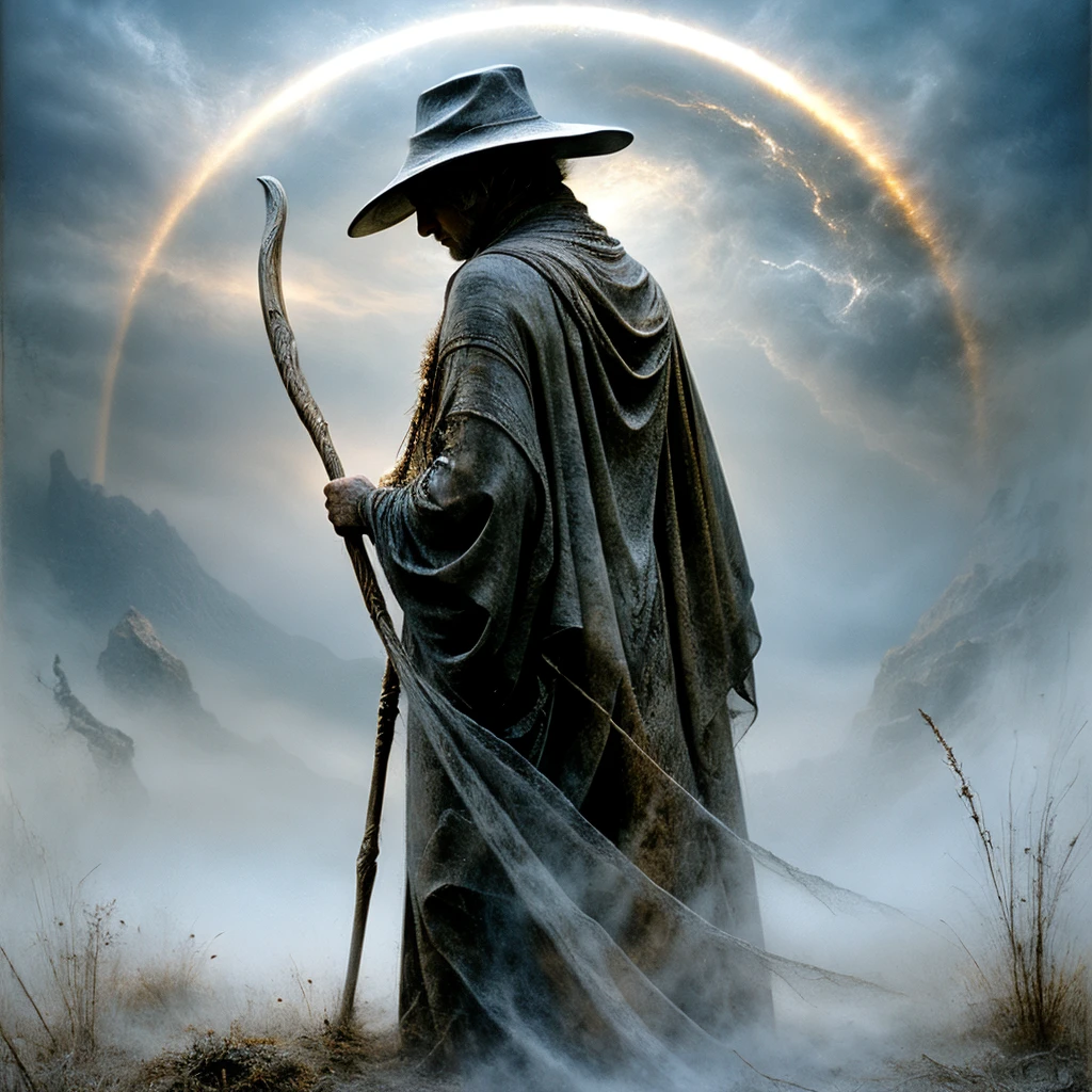 <lora:Ethereal_Gothic_EleganceSD1:1> Ethereal Gothic Elegance, The image is a digital art piece that appears to be a fantasy or sci-fi scene. It shows a person standing in a foggy landscape with a large circular halo in the background. The person is wearing a long dark cloak and a hat and is holding a long staff in their right hand. The cloak is draped over their body and their left hand is resting on their hip. The halo is made up of a series of curved lines that form a circle around the person's head creating a sense of depth and dimension. The background is filled with dark clouds and fog giving the image a mysterious and eerie feel. The overall mood of the image is dark and ominous., moon, solo, hat, staff, holding, 1boy, holding staff, tree, male focus, bare tree