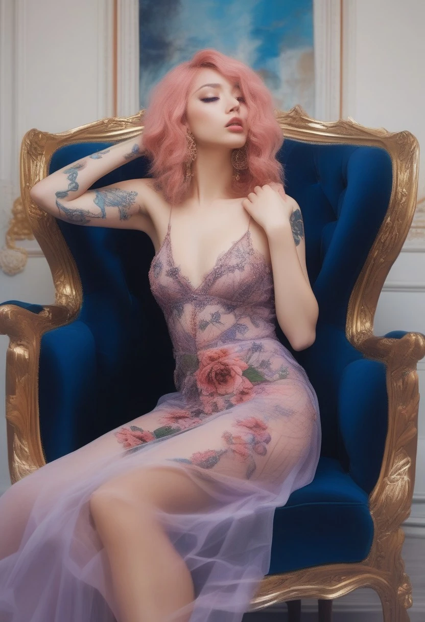 masterpiece, best quality, topless scared sinner with a large nipples under a sheer nightdress, kneeling pose, magenta hair, looking at viewer, adult, holding roses, ancient century
