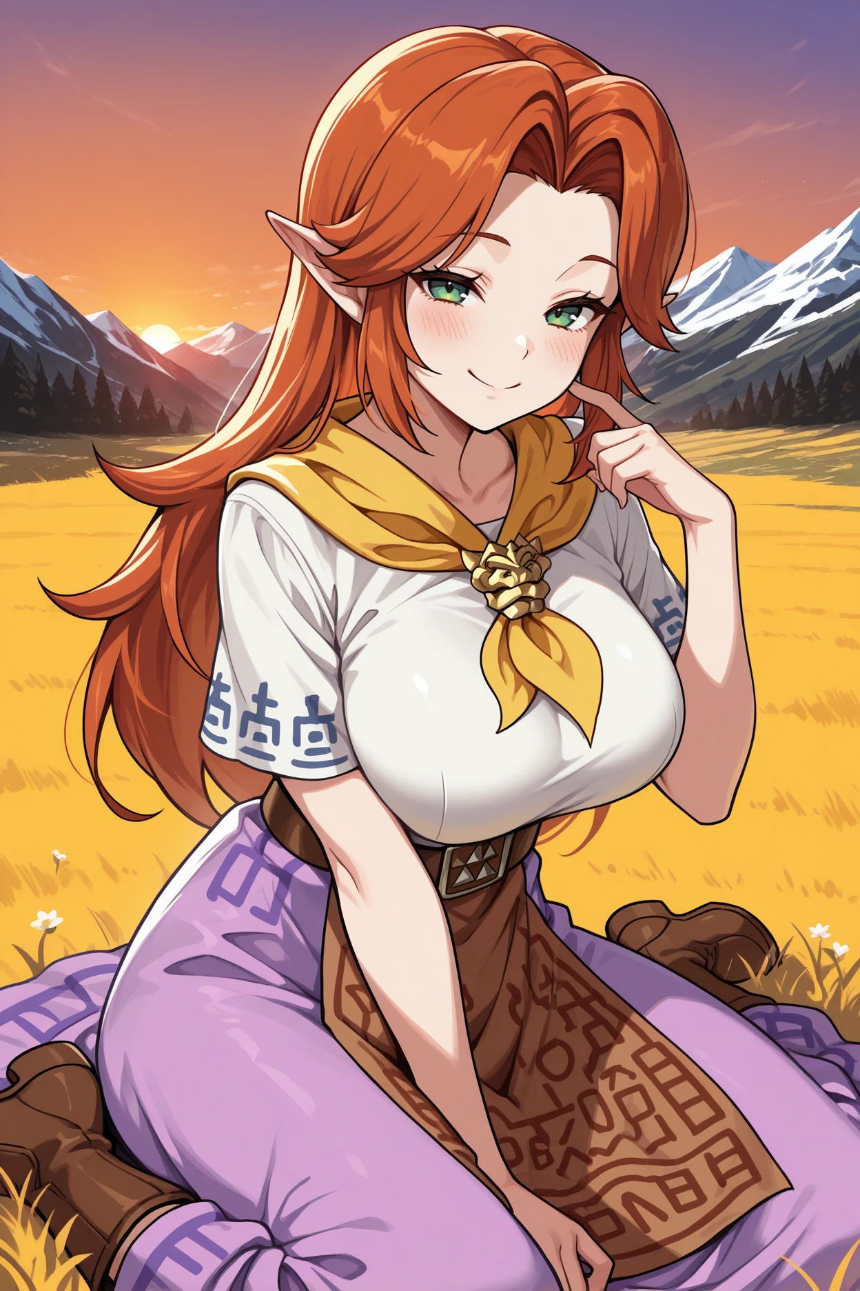 masterpiece, best quality, 1girl, solo, <lora:malon-illu-nvwls-v1:1> mal0n, auburn hair, long hair, pointy ears, yellow neckerchief, gold brooch, white shirt, short sleeves, brown belt, long skirt, purple skirt, brown apron, brown boots, large breasts, green eyes, looking at viewer, smile, half-closed eyes, finger to own cheek, field, mountains, sunset, blush, wariza