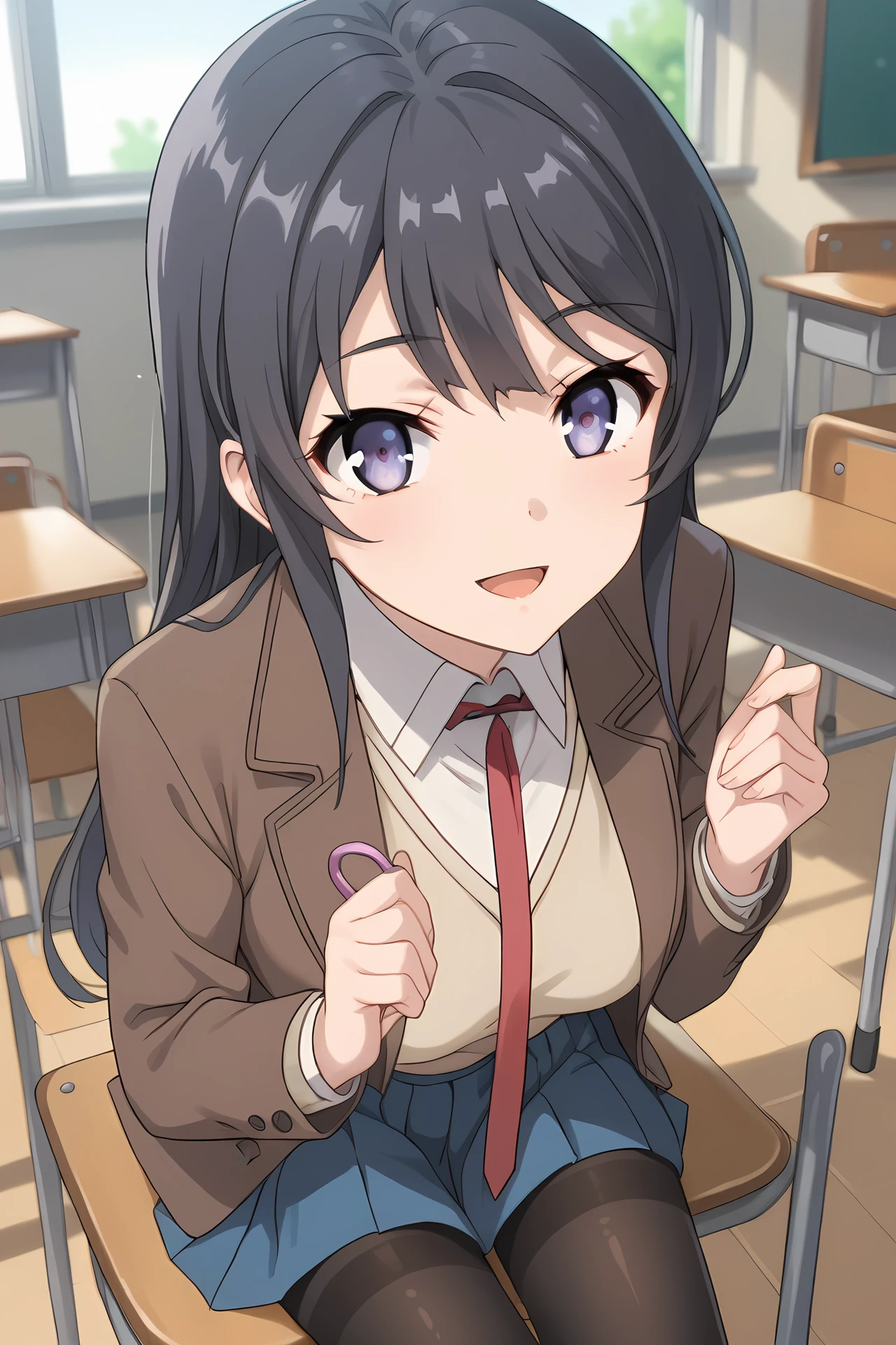 (school uniform brown blazer red necktie blue skirt black pantyhose:1.50), bgs-mai, blue eyes, purple eyes, black hair, lonh hair, bangs, medium breasts,
1girl, solo, skinny, (source_anime, score_9, score_8_up, score_8, score_7_up), score_7, score_6_up, score_6, score_5_up, score_5,
(happy:1.10),
(classroom:0.70),
(close-up:1.40), (:1.10),
<lora:bgs-mai-V01:0.70>