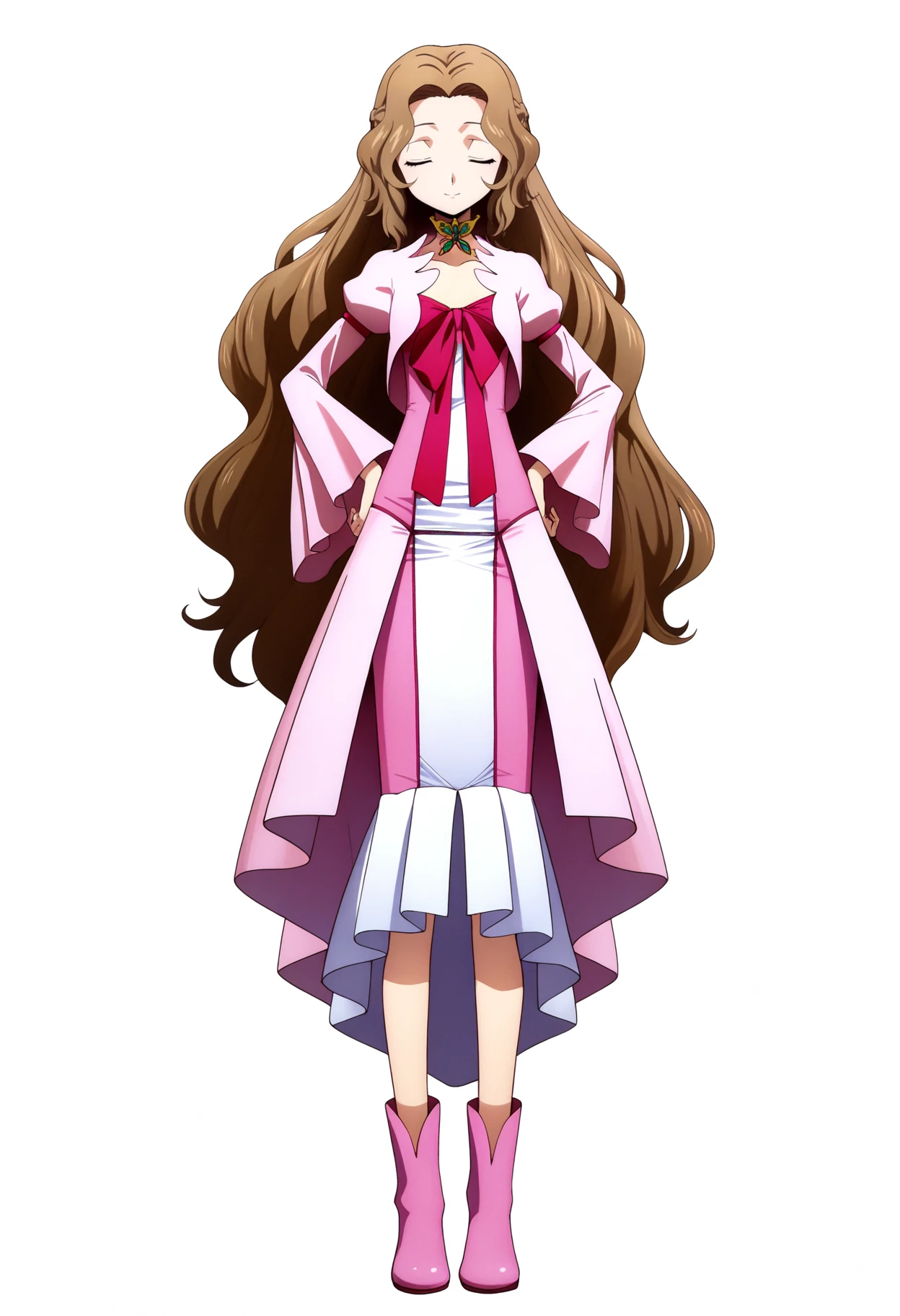 masterpiece, best quality, very aesthetic, absurdres,
1girl, nunnally, long hair, brown hair, closed eyes,
dress, pink shoes,
standing, hands on hips, full body,
looking at viewer, solo, smile, simple background, white background,   <lora:NunnallyViBritanniaNoobXL_byKonan:1>