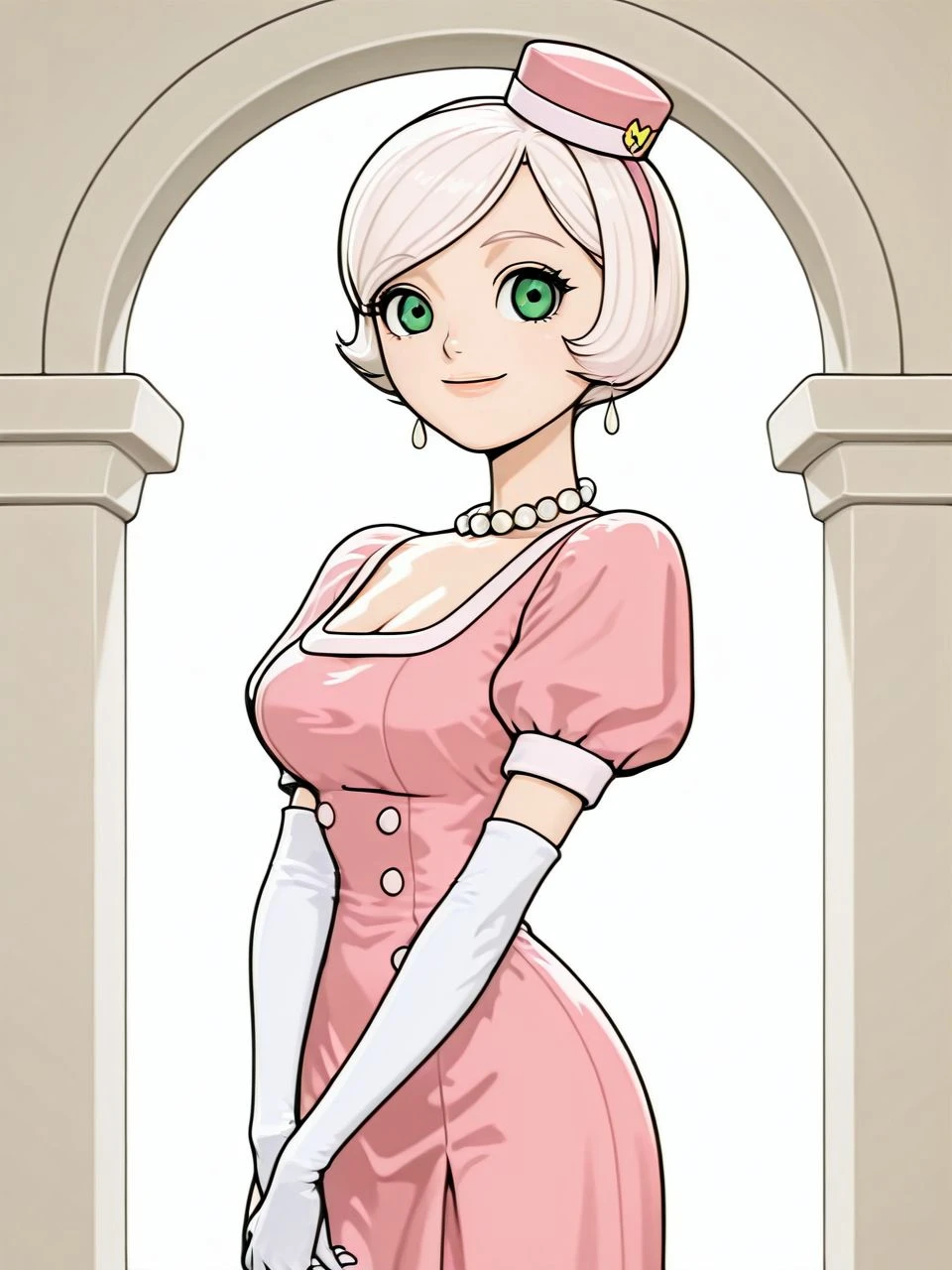 IllusP0s, 1girl, solo, standing, hands on lap, looking at viewer, looking over shoulder, goodlady, short hair, white hair, swept bangs, green eyes, happy, pink pillbox hat, pink dress, white earrings, white pearl necklace, white elbow gloves, shinkiro, mori toshiaki, <lora:sedusaPPG_ILXL:0.8> <lora:Capcom_Fighting_Jam:1>