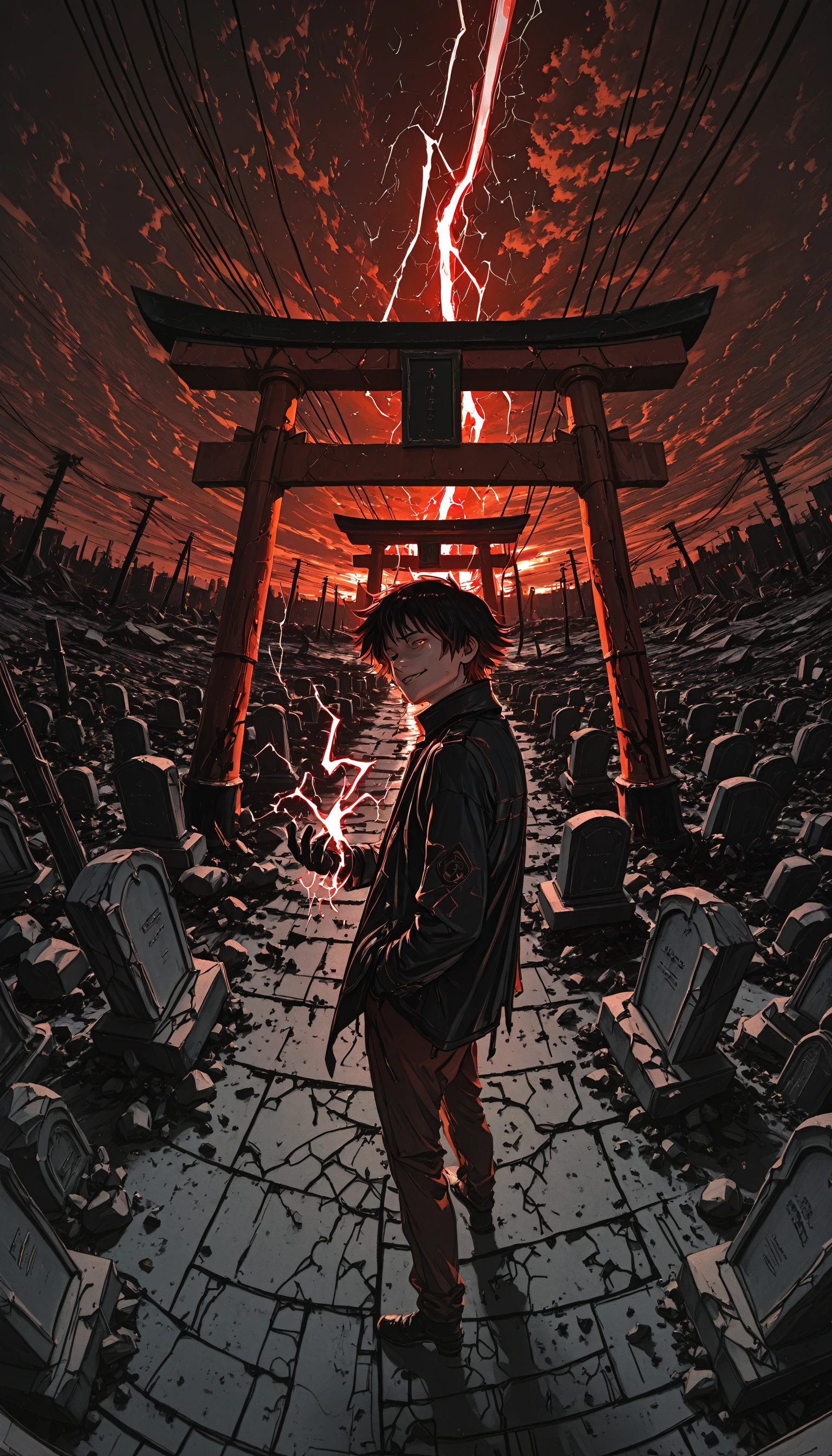 (JJ-Illu, re4lity_sync_illu, fisheye, foreshortening, scenery, photo background, sketch, abstract_background, abstract_colors, guide_lines, bad_quality, traditional_media)
((solo, solo_focus)), holding lightning, holding magic, looking_at_viewer, short_hair, black_hair, photoshop_(medium), shirt, gloves, 1boy, long_sleeves, original, standing, jacket, full_body, male_focus, red_hair, sky, outdoors, black_gloves, cloud, pants, coat, blood, glowing, cloudy_sky, spiked_hair, glowing_eyes, floating, hand_in_pocket, rock, silhouette, electricity, chromatic_aberration, torii, aura, ruins, red_theme, power_lines, broken, red_pants, utility_pole, floating_object, crack, smirk, energy, debris, tombstone, red_sky, building_destruction