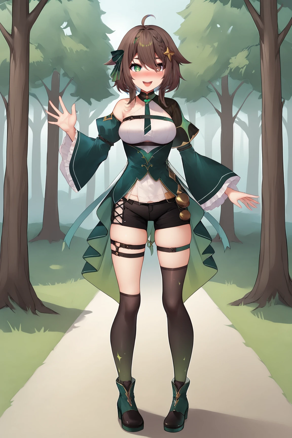 score_9, score_8_up, score_7_up, score_6_up, BREAK, Meica05VTXLv2, heterochromia, green eyes, (brown eye), brown hair, short hair, hair ornament, hair between eyes, braid, ahoge, ribbon hair, green ribbon, medium breasts, green necktie, off shoulder, green dress, long sleeves, wide sleeves, black shorts, short shorts, black thighhighs, thigh strap, back shoes, solo, full body, standing, waving, seductive smile, looking at viewer, naughty face, nose blush, forest, tree <lora:Meica05VTXLv2:1>
