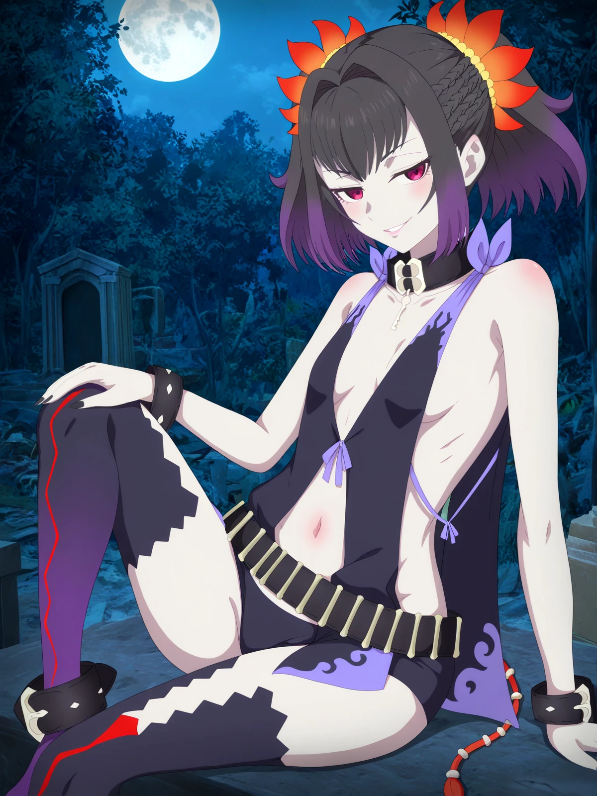 masterpiece, best quality, absurdres, highres, newest, very awa, eufoniuz, anime coloring
<break>
symonne \(tales\), black hair, purple hair, short hair, braid, red eyes, hair flower, hair ornament, pale skin, small breasts, choker, bracelet, short shorts, belt, revealing clothes, navel, tail, nail polish, black thighhighs
<break>
1girl, solo, sitting, knee up, smirk, forest, ruins, altar, full moon