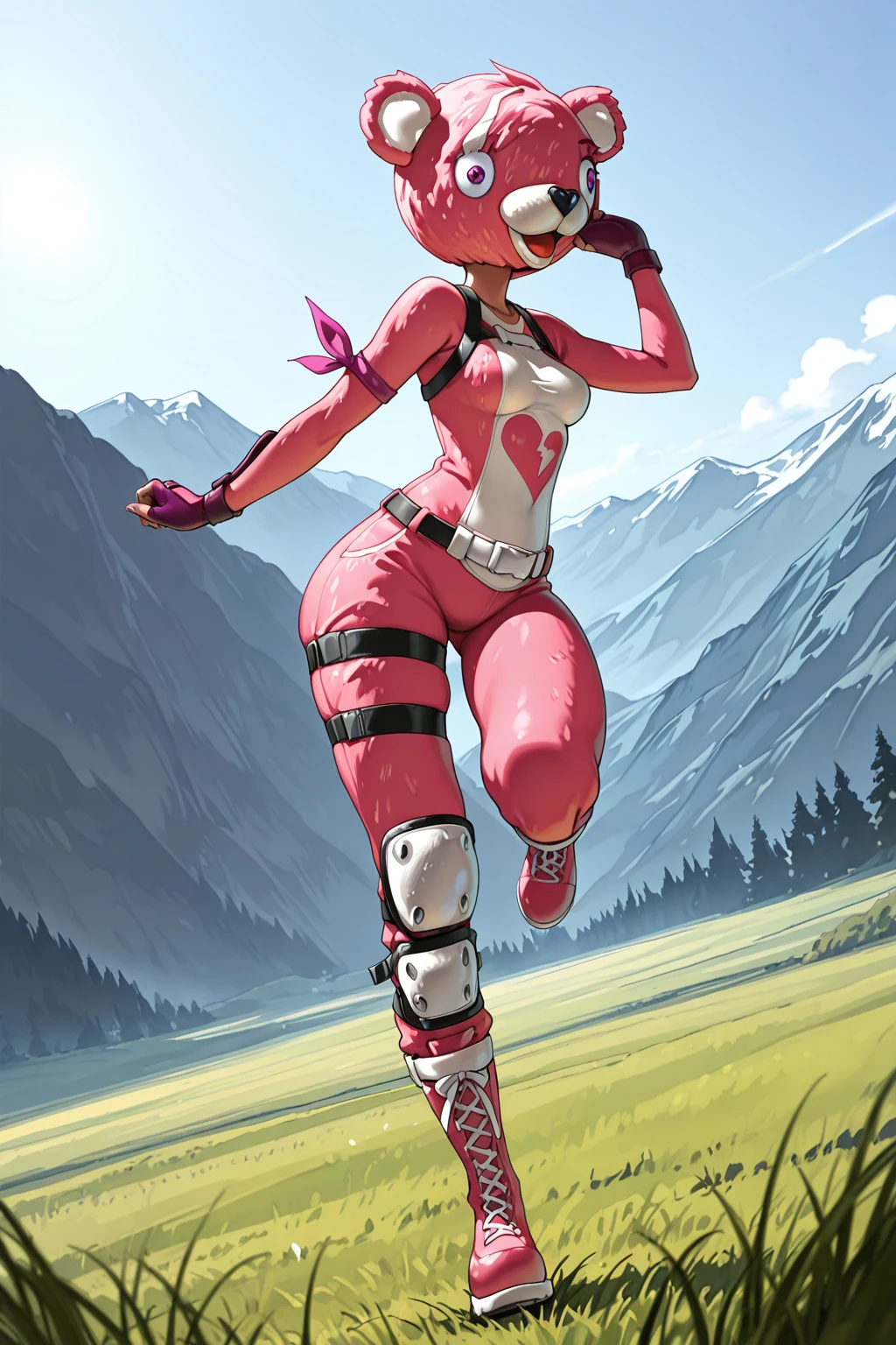 masterpiece, good quality, best quality, very awa, very as2, absurdres, highres,
<lora:Cuddle team leaderFortnite illuLoRA:1>cuddlebear, big bear head, animal ears, costume, shoulder holster, armband, fingerless gloves, heart (symbol), belt, thight strap, single white knee ped, single shin guard, pink boots, grass, mountains, jumping, happy
<lora:Blade & SoulStylelluLYCO:1.1> bns