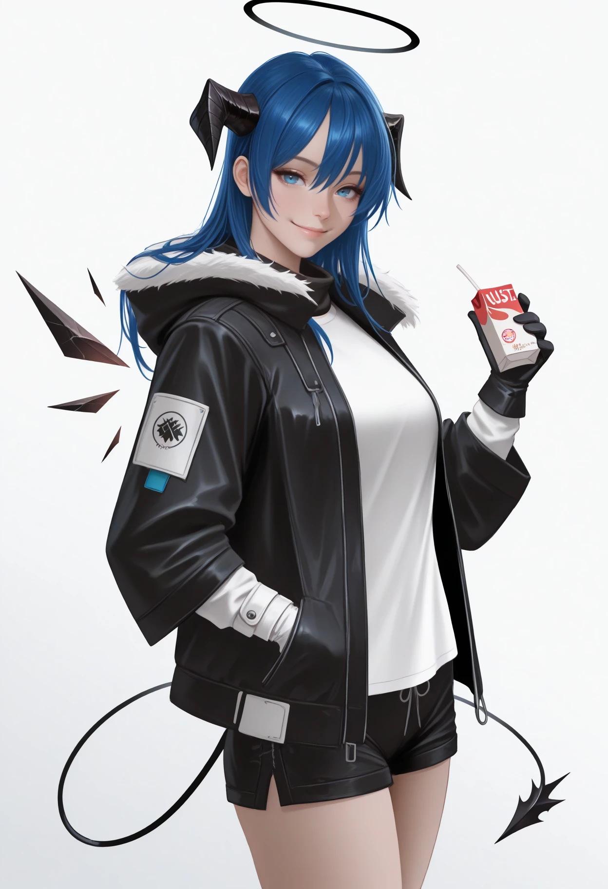 masterpiece, best quality, newest, realistic, solo, 1girl, most1madef, black wings, energy wings, detached wings, demon tail, smile, looking at viewer, standing, holding drink, juice box, blue hair, hair between eyes, black horns, demon horns, black halo, blue eyes, fur trim, black jacket, hooded jacket, fur-trimmed hood, hood down, open jacket, long sleeves, white shirt, mismatched gloves, white gloves, black gloves, black shorts, short shorts
<segment:yolo-Anzhc Face seg 640 v2 y8n.pt,0.4,0.5//cid=1>