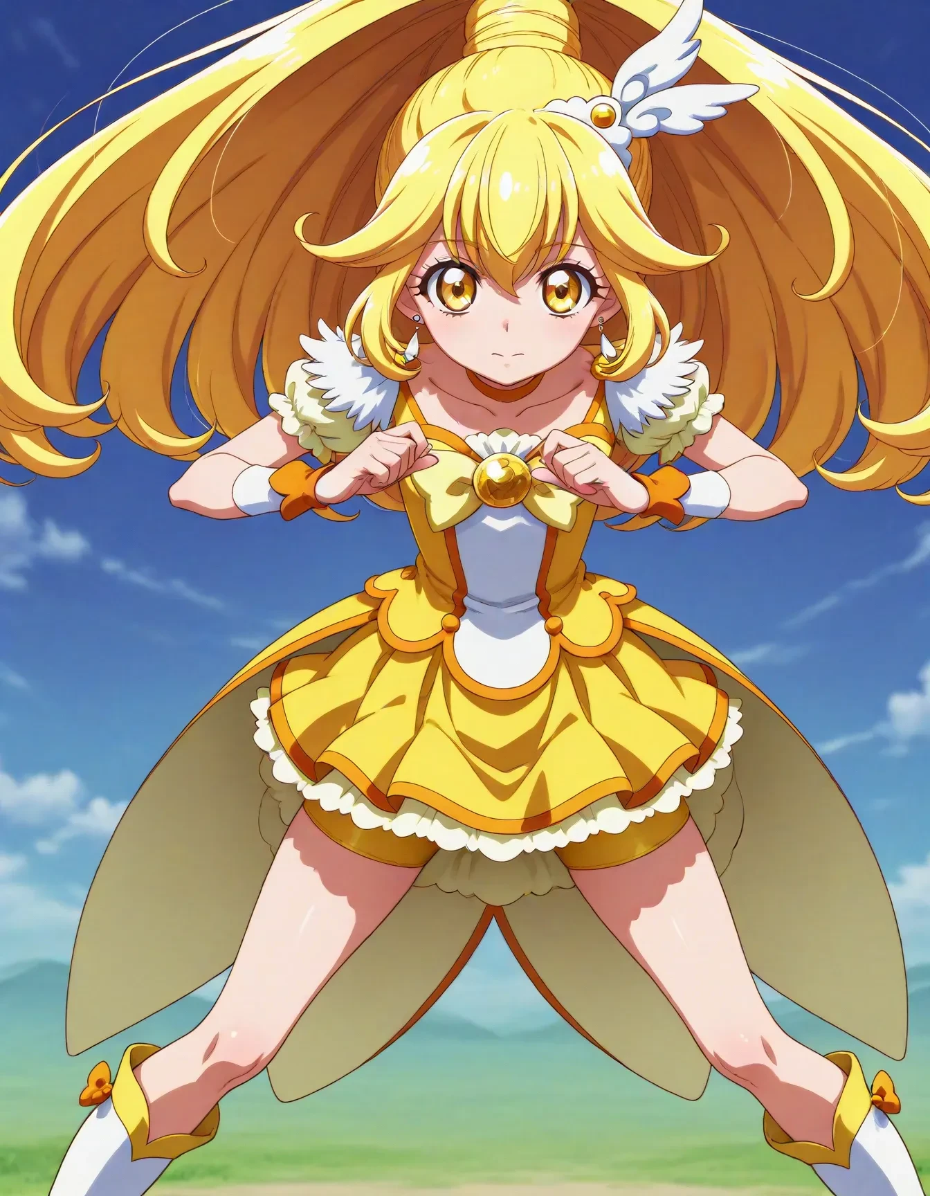 <lora:dmd2_sdxl_4step:1>,official style,masterpiece,best quality,newest,absurdres,highres,very awa,Anime,anime coloring,anime screencap,<lora:Cure_Peace_V1:1>,cure peace,1girl,yellow eyes,wide ponytail,hair flaps,hair between eyes,yellow hair,hair ornament,wing ornament,tiara,yellow choker,feather earrings,yellow bow,yellow shorts,yellow skirt,bike shorts,shorts under skirt,orange wrist cuffs,knee boots,depth_of_field,abstract_background,stylish_pose,
