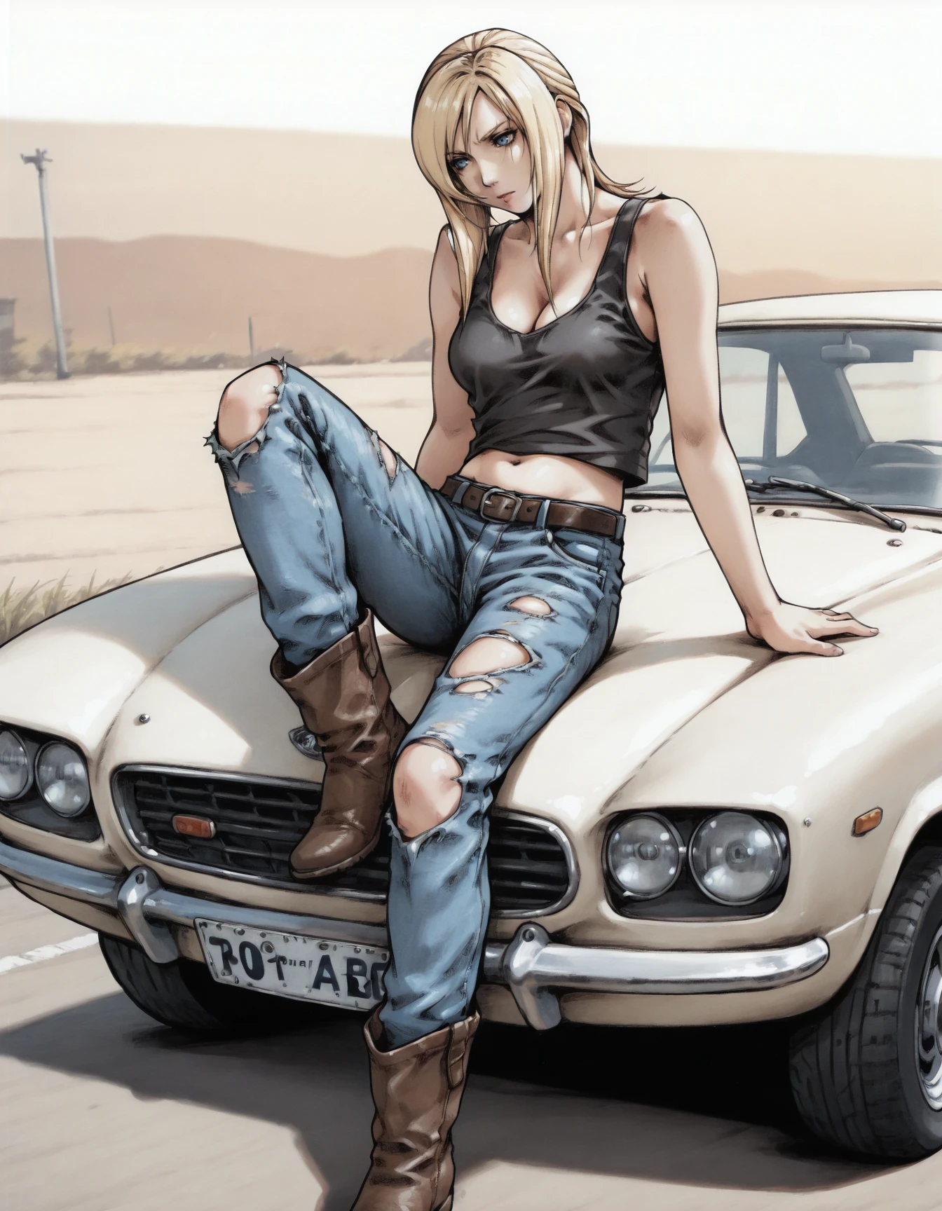 <lora:aya-brea-illustrious-000007:1> aya brea, blue eyes, bare arms, bare shoulders, black shirt, cleavage, denim, belt, jeans, leather, midriff, tank top, torn jeans, brown footwear, boots, car, vehicle focus, masterpiece, best quality
