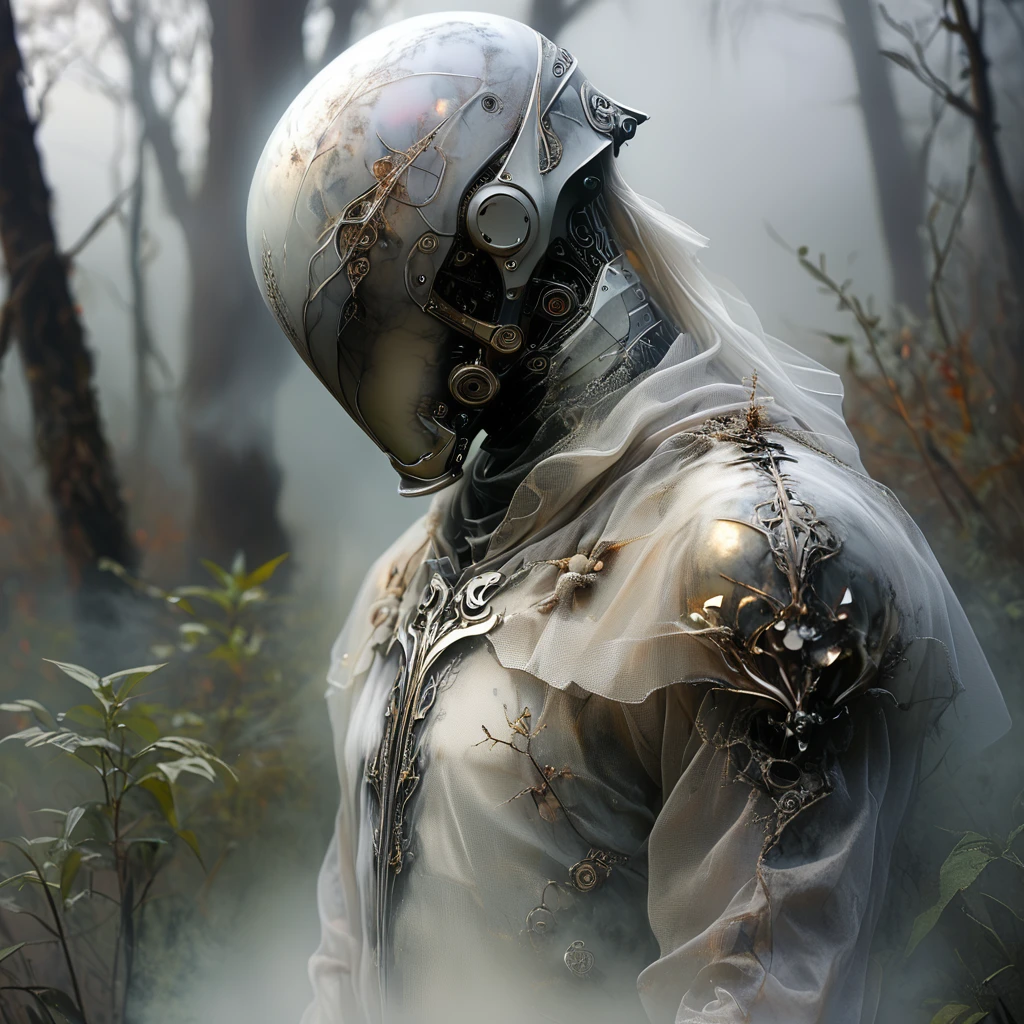 Score_9, score_8_up, score_7_up, score_6_up, BREAK <lora:Ethereal_Gothic_ElegancePony:1> Ethereal Gothic Elegance, The image is a digital art piece that appears to be a representation of a futuristic or sci-fi character. The character is standing in a foggy or misty environment with trees and bushes in the background. The figure is wearing a large metallic helmet with a unique design on its head and body. The helmet is covered in intricate patterns and designs with a large eye in the center and a small nose and mouth. The body of the figure is also covered in a layer of fog or mist giving it a mysterious and eerie appearance. The overall mood of the image is eerie and mysterious., solo, upper body, tree, helmet, armor, from side, fog, profile, 1girl, realistic
