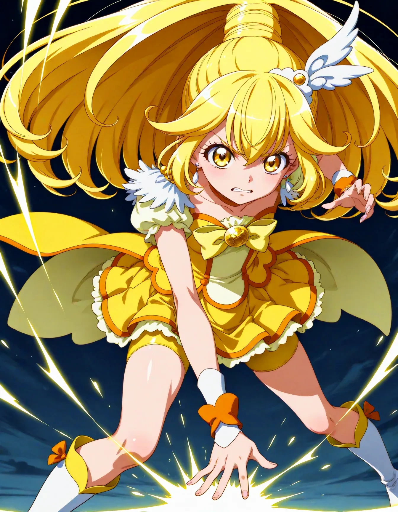 <lora:dmd2_sdxl_4step:1>,official style,masterpiece,best quality,newest,absurdres,highres,very awa,Anime,anime coloring,anime screencap,<lora:Cure_Peace_V1:1>,cure peace,1girl,yellow eyes,wide ponytail,hair flaps,hair between eyes,yellow hair,hair ornament,wing ornament,tiara,yellow choker,feather earrings,yellow bow,yellow shorts,yellow skirt,bike shorts,shorts under skirt,orange wrist cuffs,knee boots,depth_of_field,abstract_background,fighting_stance,beam from hand,angry,reaching,leave,
