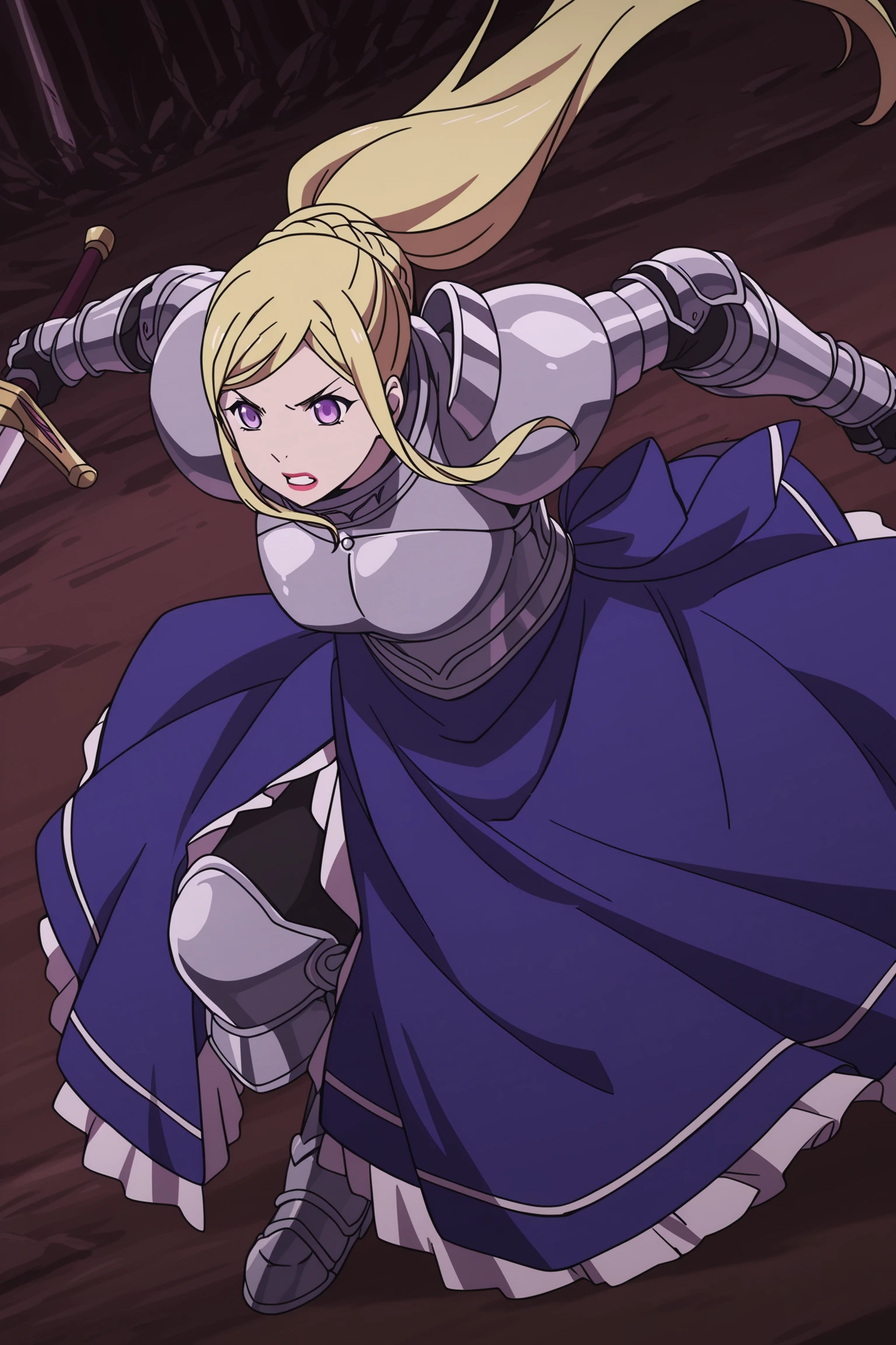 on a battlefield,
 <lora:Bishamonten_Noragami_-_Illustrious:.9>1girl, solo, blonde hair, long hair, purple eyes, , lipstick,
armored dress, breastplate, gauntlets, ponytail, braid, sword, attacking,