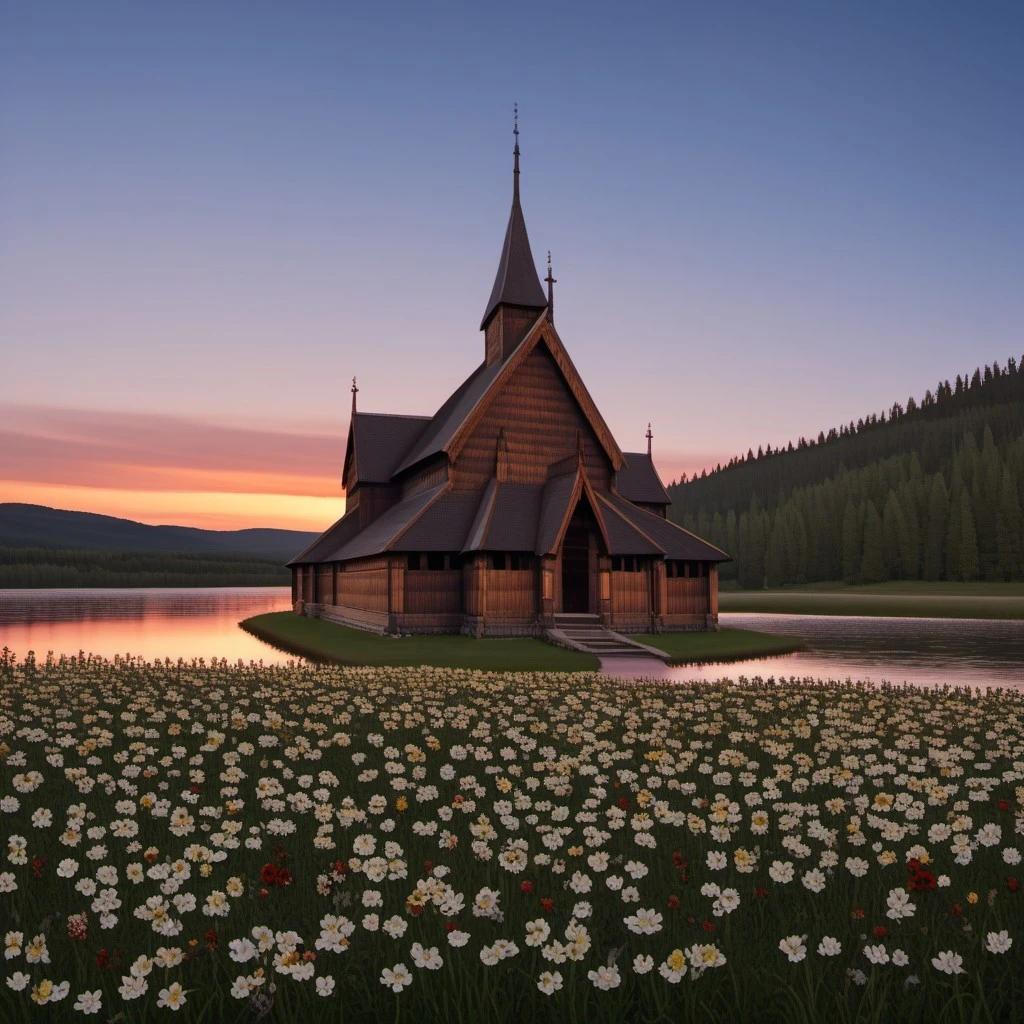 Norwegian stave church, stave church, evening, sunset, flowers, very long hair, Norwegian nature , norwegian landscape, lake, forest, flowers, beautiful sky