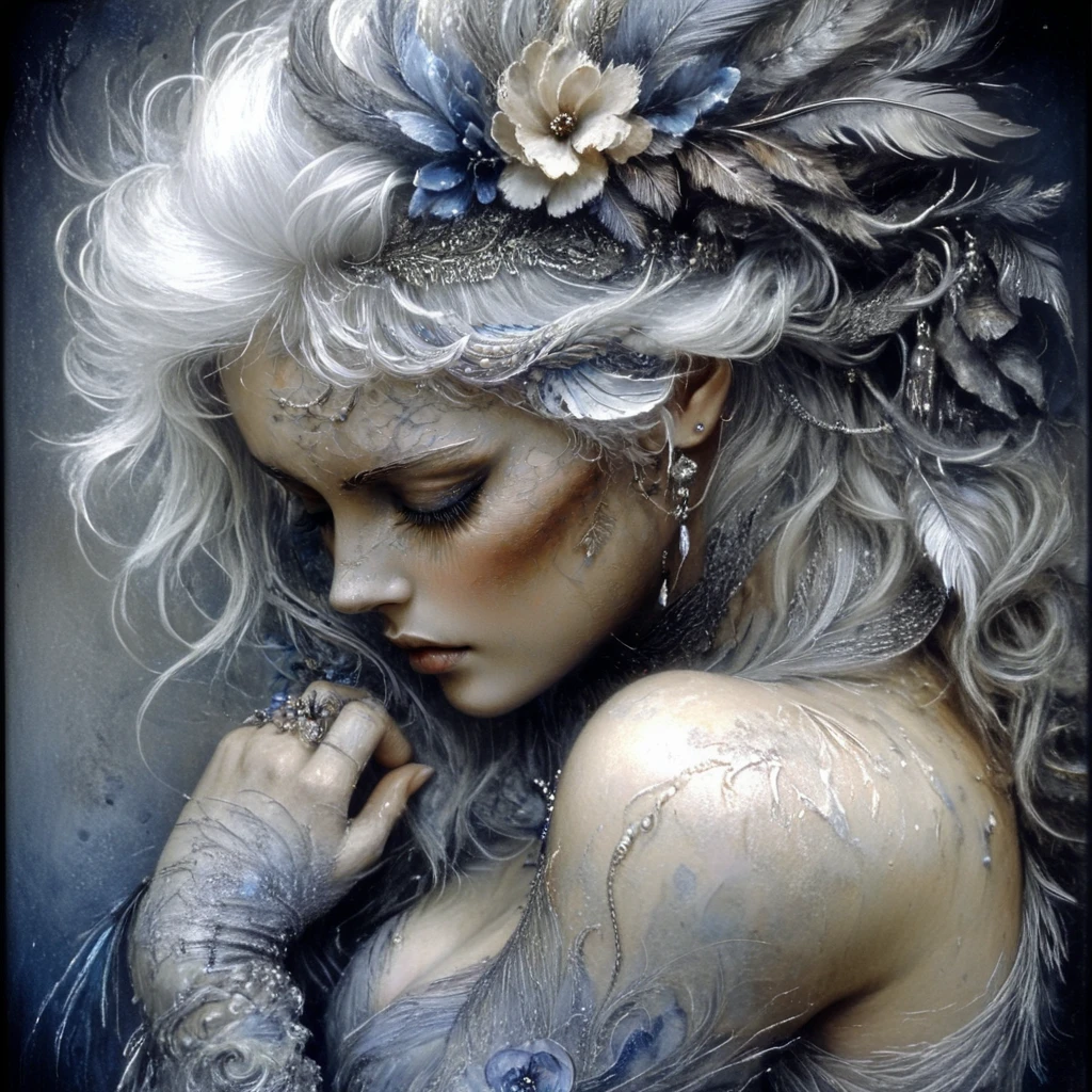 <lora:Ethereal_Gothic_EleganceSDXL:1> Ethereal Gothic Elegance, The image is a close-up portrait of a woman's face and upper body. She appears to be in a contemplative pose with her eyes closed and her head tilted downwards. Her hair is styled in a dramatic and voluminous manner with loose curls cascading down her back. She is wearing a feathered headpiece with a flower in the center which is made up of multiple layers of feathers and beads. The feathers are a mix of white gray and blue creating a dreamy and ethereal atmosphere. The woman's skin is pale and her face is painted with a soft dreamy expression. The background is dark making the woman's features stand out even more. The overall mood of the image is mysterious and eternally melancholic., 1girl, solo, ring, flower, hair ornament, jewelry, white hair, closed eyes, hair flower, realistic