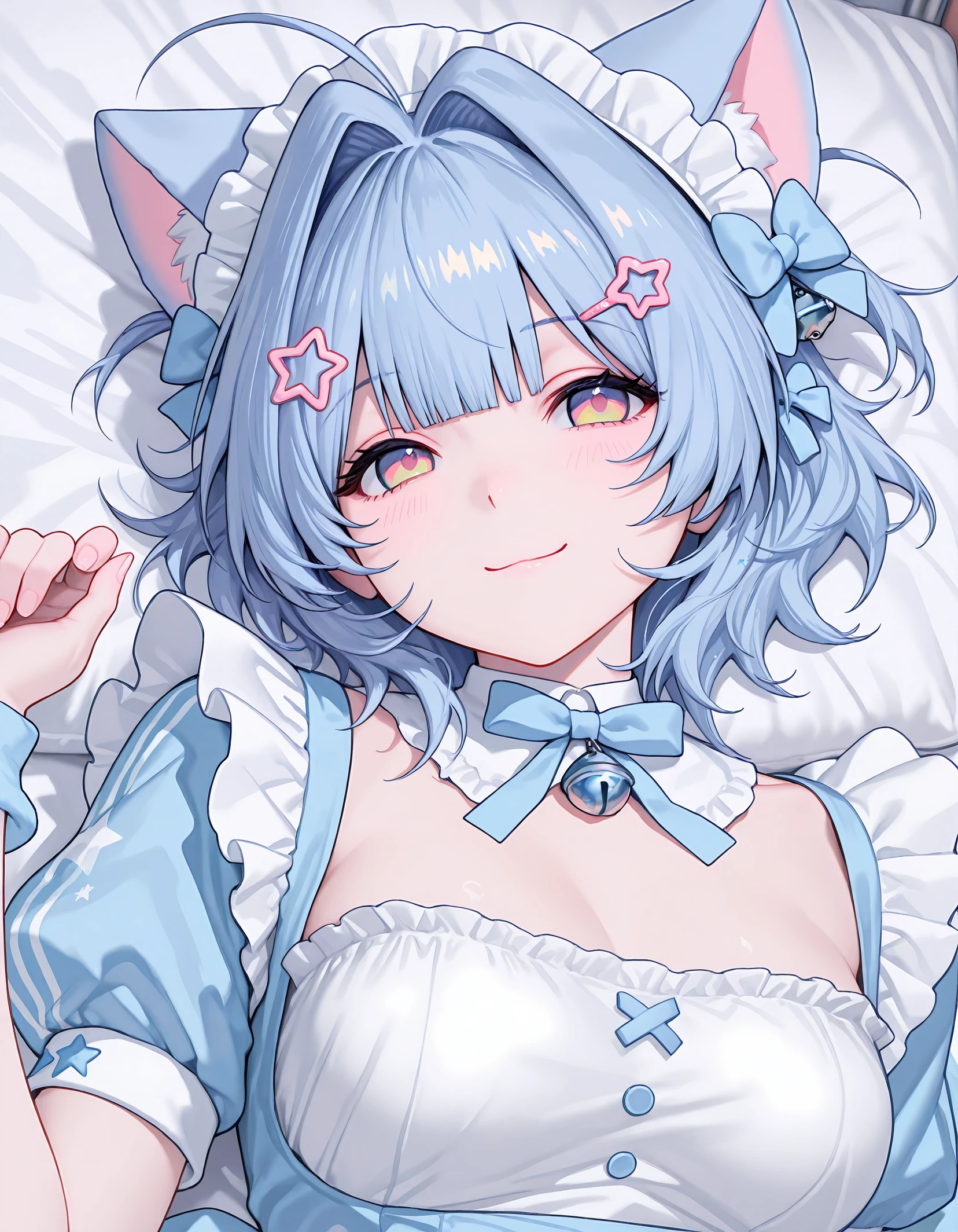 (kawaii,Cute illustration:1.2), (1girl in, child,Solo:1.4)、(((1girl in)))、(((Medium hair with gray hair)))、Show from waist to head、Cat's ears、Cat's tail、frontage、(((Moe sleeve beyond the wrist、sleeves past fingers))、nude, naked, pink nipples, pink pussy、Loose socks、White boots、Light blue ribbon、Light Blue Heart Ribbon Hair Clip、Maid Ribbon Kachu、Light blue heart clip、Light blue earrings