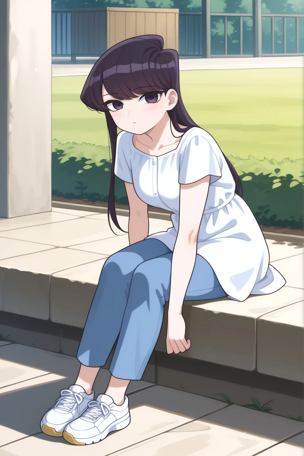 <lora:Shouko_Komi:0.8> Shouko Komi, rating safe, solo, long hair, looking at viewer, black hair, dress, sitting, short sleeves, outdoors, shoes, pants, white dress, sneakers