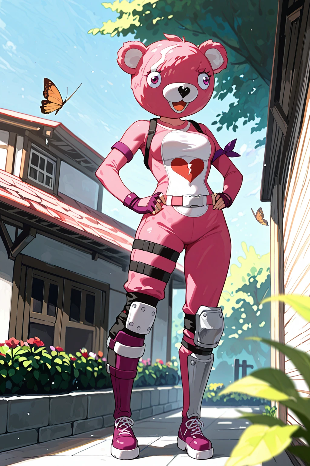 masterpiece, good quality, best quality, very awa, very as2, absurdres, highres,
<lora:Cuddle team leaderFortnite illuLoRA:1> cuddlebear, bear head, animal ears, costume, long sleeves, shoulder holster, armband, fingerless gloves, heart (symbol), belt, thight strap, single knee ped, single shin guard, pink boots, hands on hips, old house, garden, butterflies, blue sky